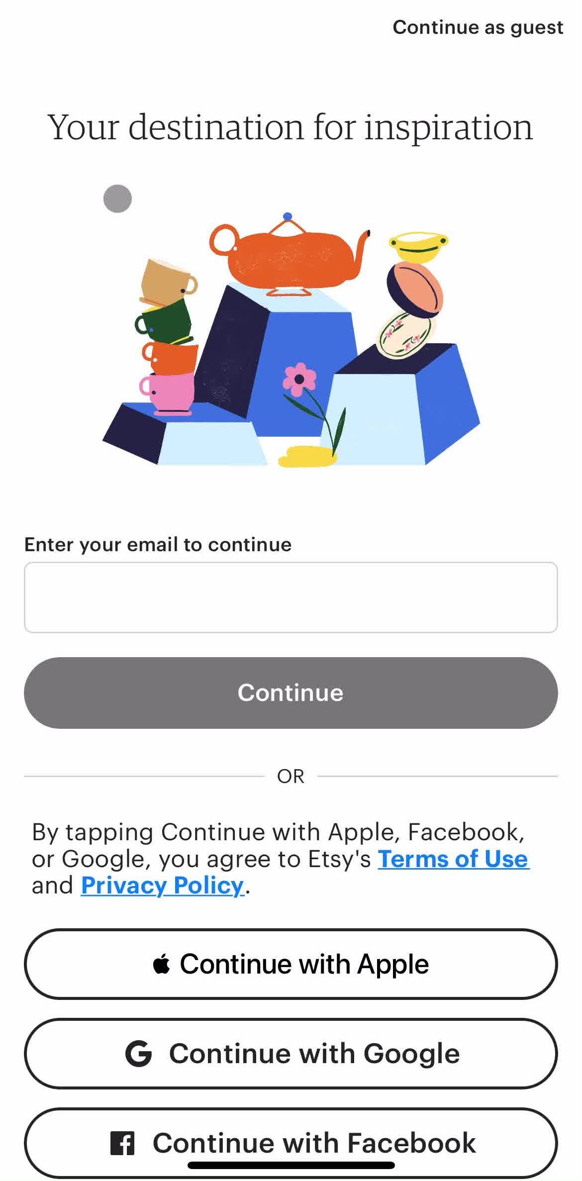 Etsy Sign up screen in the Logging In flow