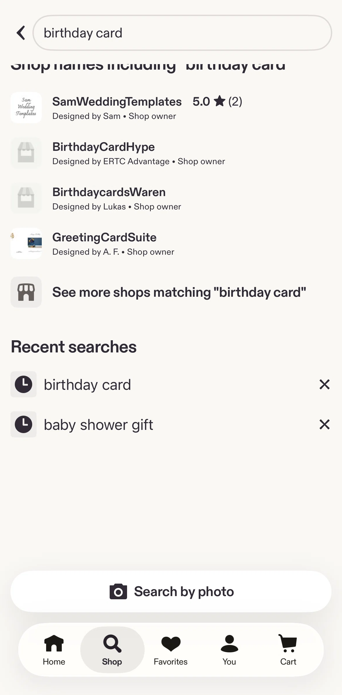 Etsy Screen screen in the More shops flow