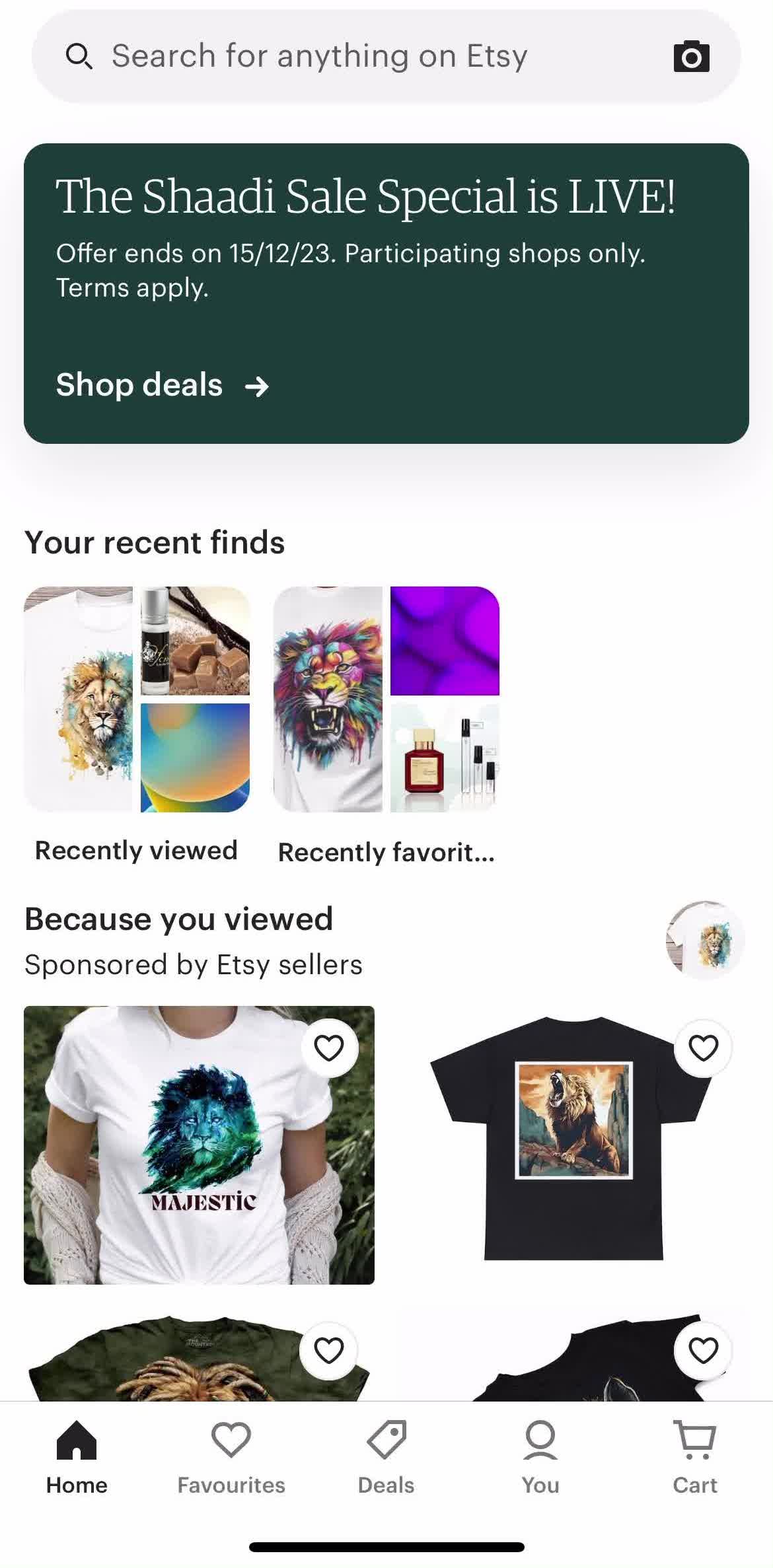 Etsy Home screen in the Searching flow