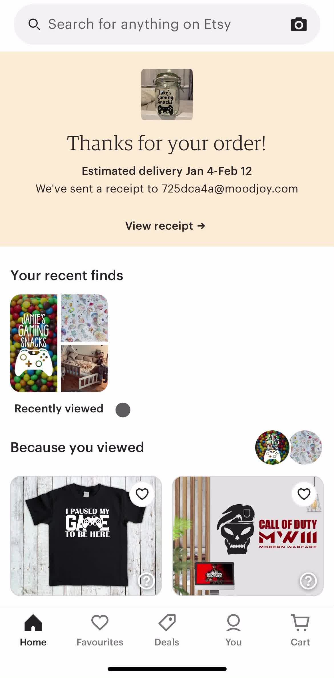 Etsy Home screen in the Sending Messages flow