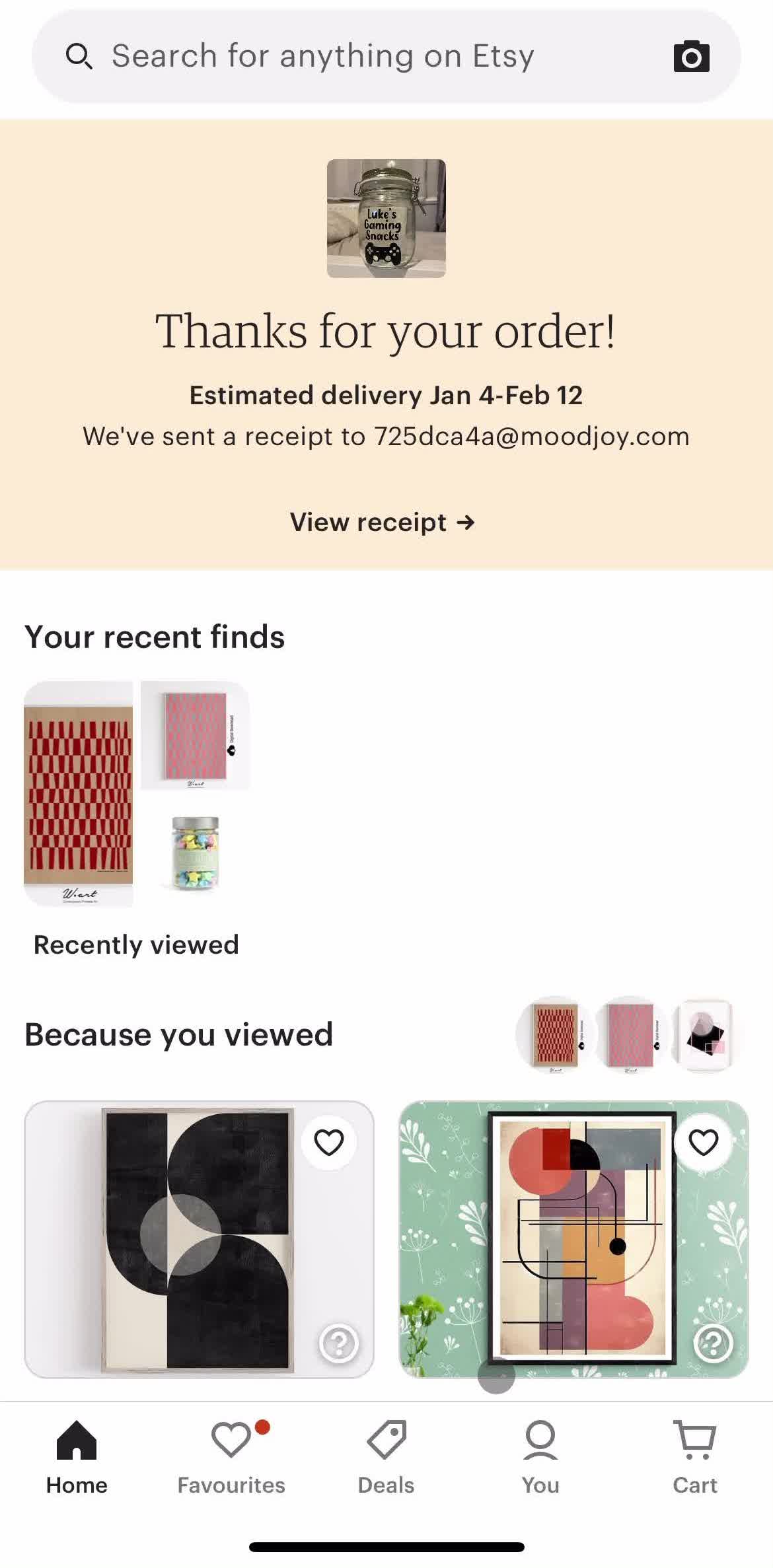 Etsy Home screen in the Settings flow