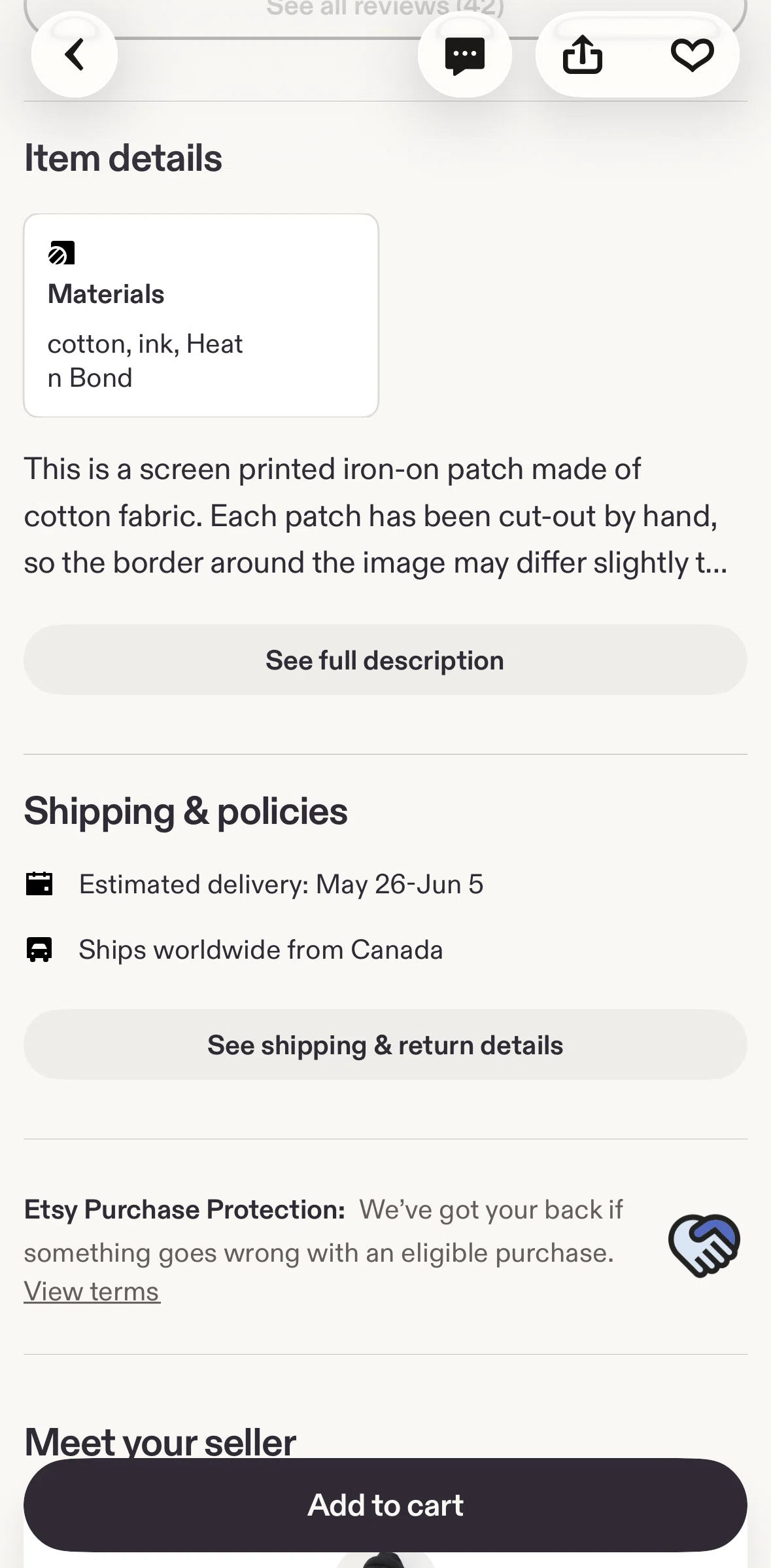 Etsy Screen screen in the Shipping & return detail flow