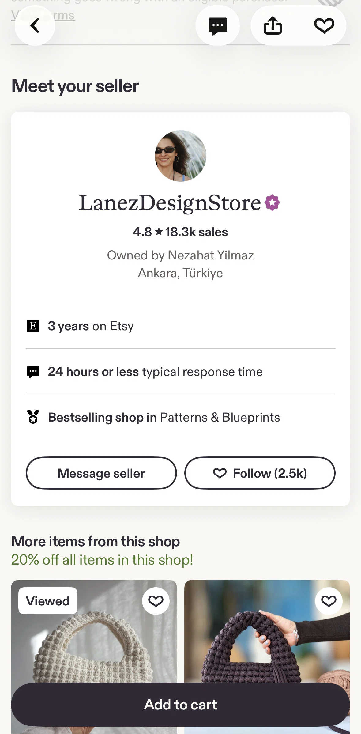Etsy Screen screen in the Shop detail flow