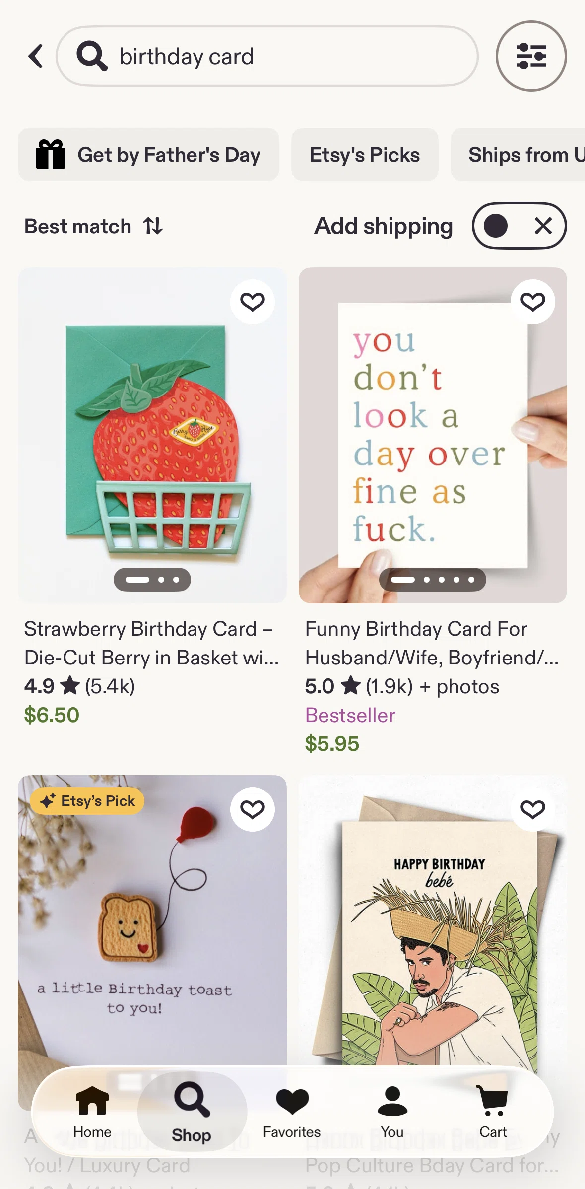 Etsy Screen screen in the Showing a shipping fee flow