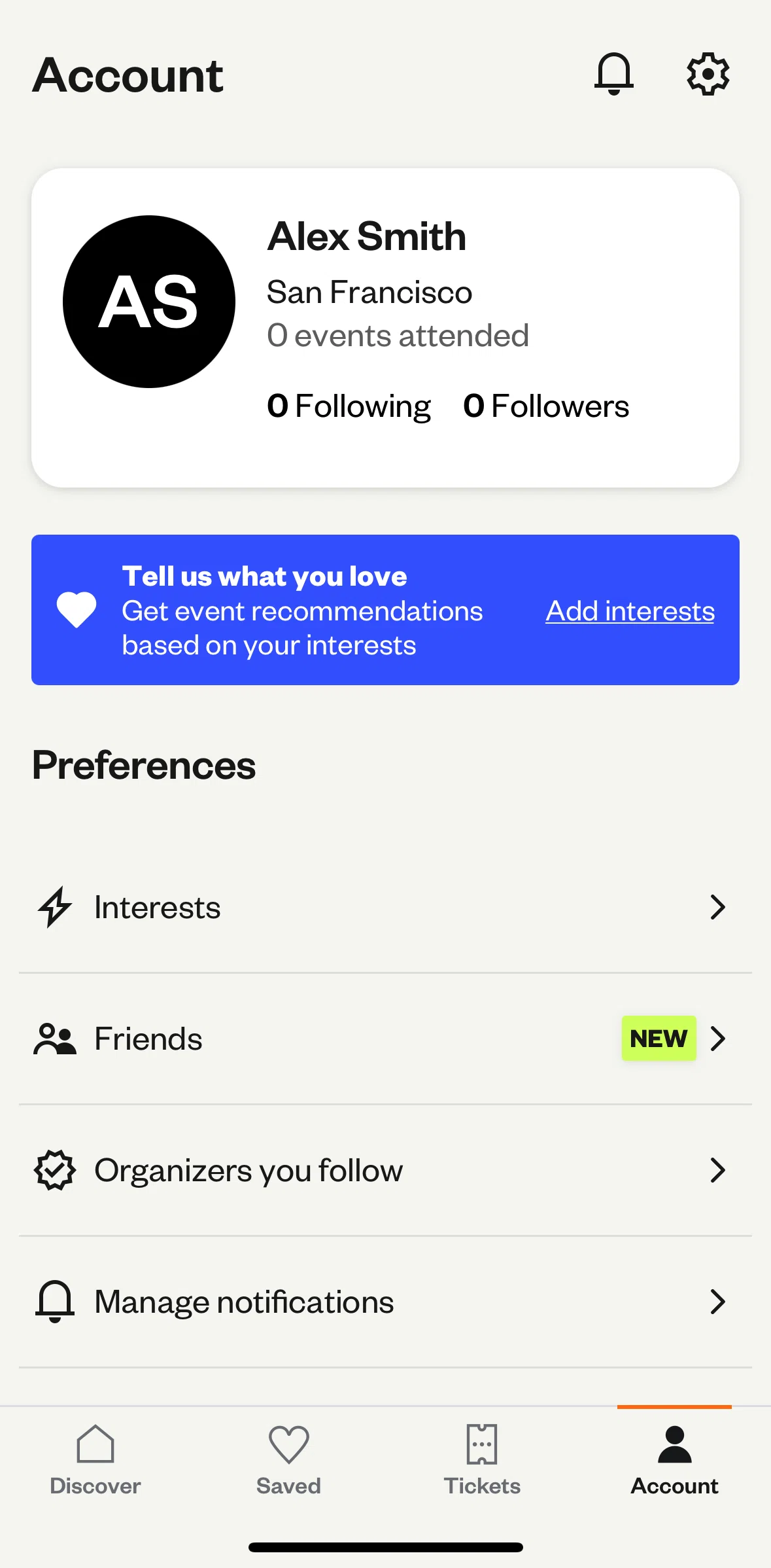 Eventbrite Screen screen in the Adding interests flow
