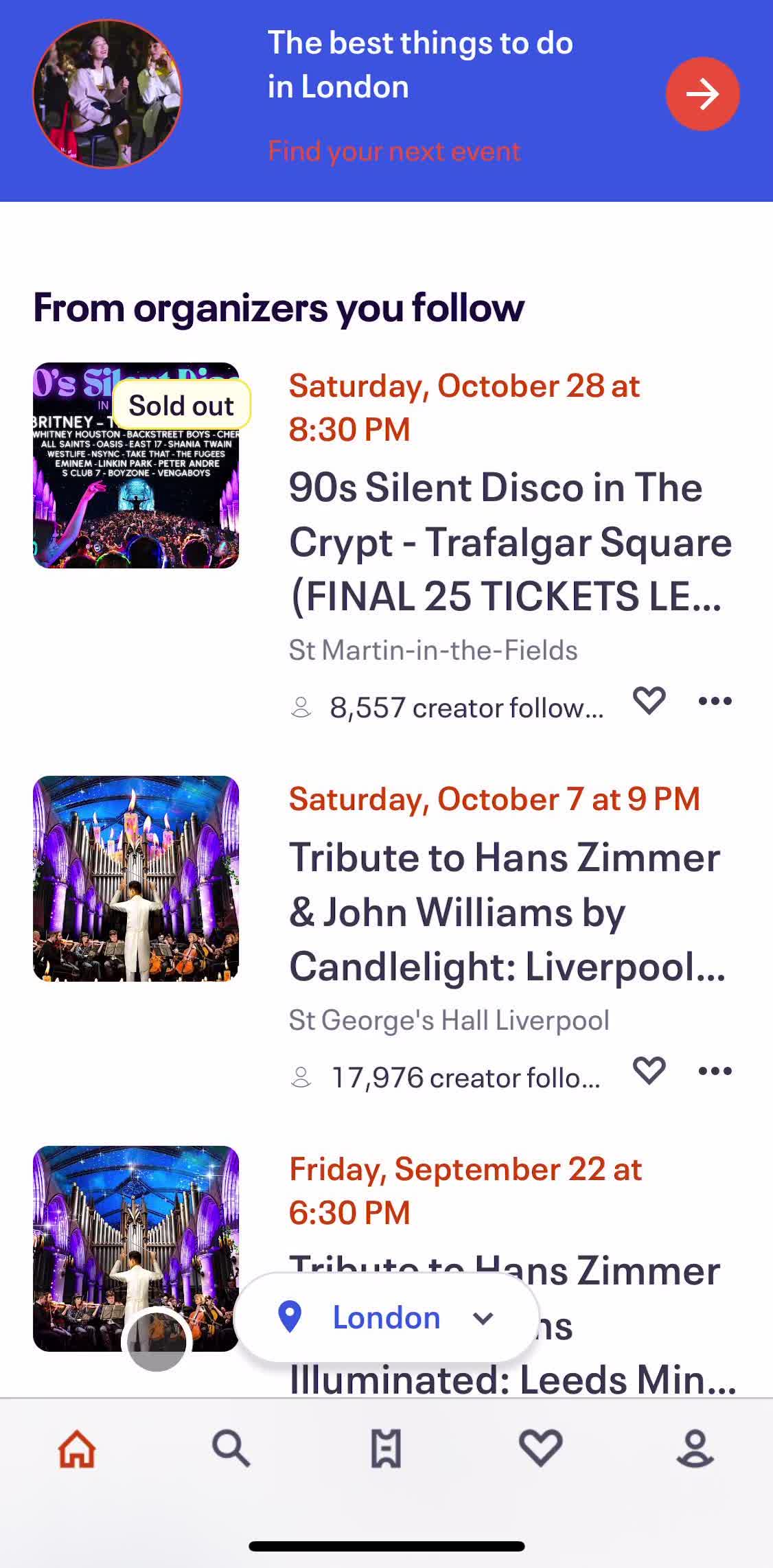 Eventbrite Home screen in the Attending An Event flow