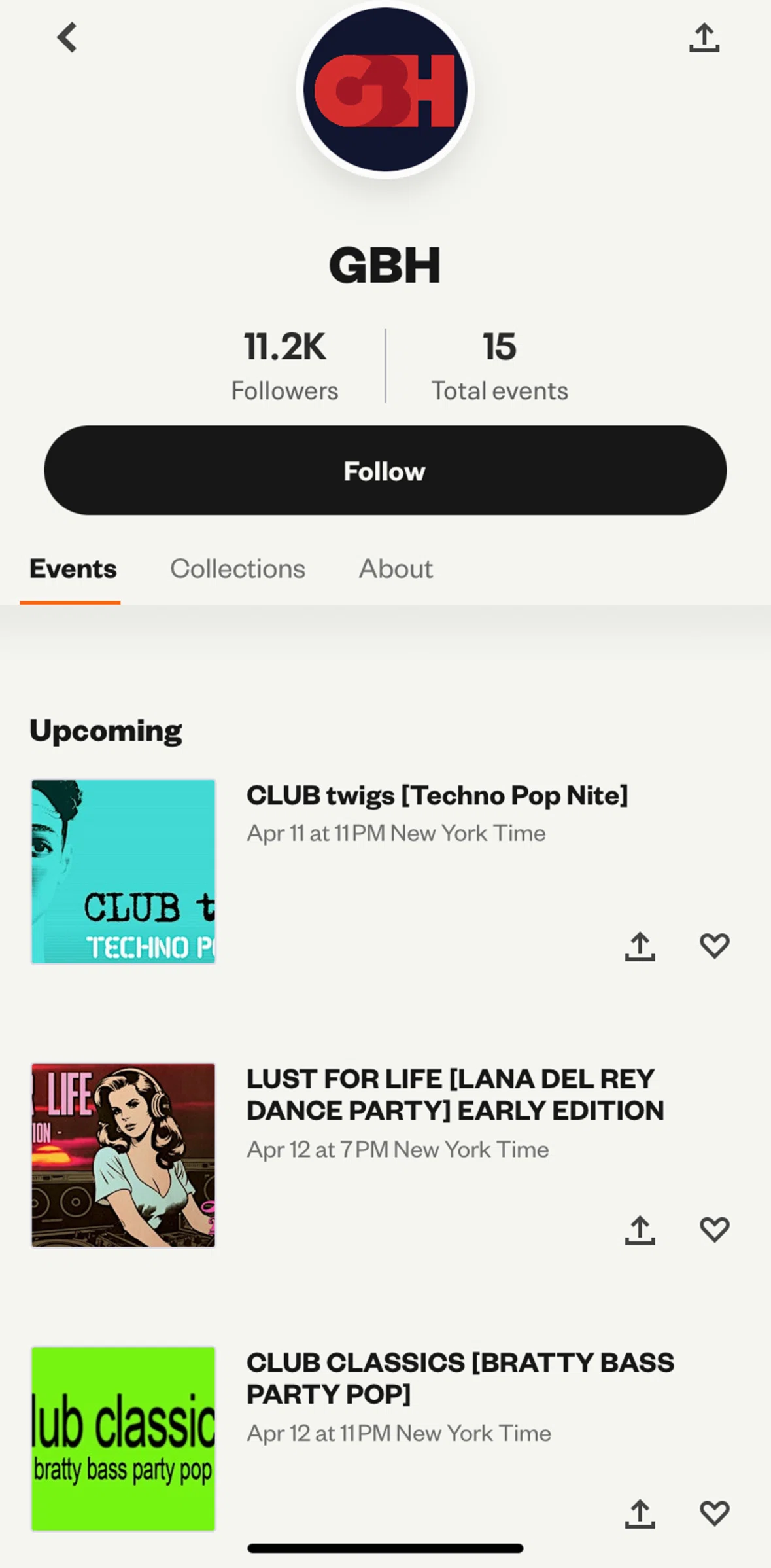 Eventbrite Screen screen in the Following an organizer flow
