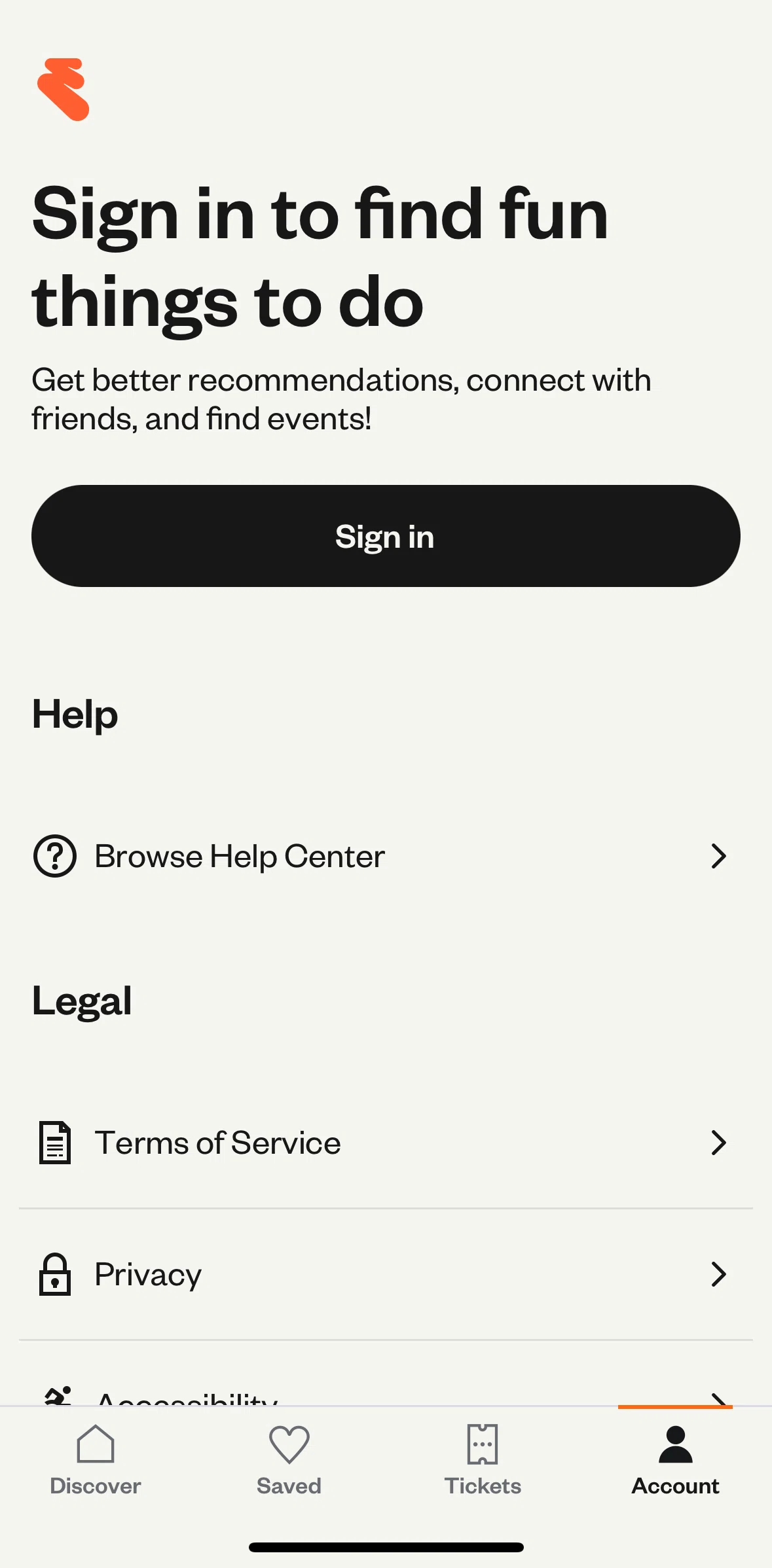 Eventbrite Screen screen in the Logging in flow