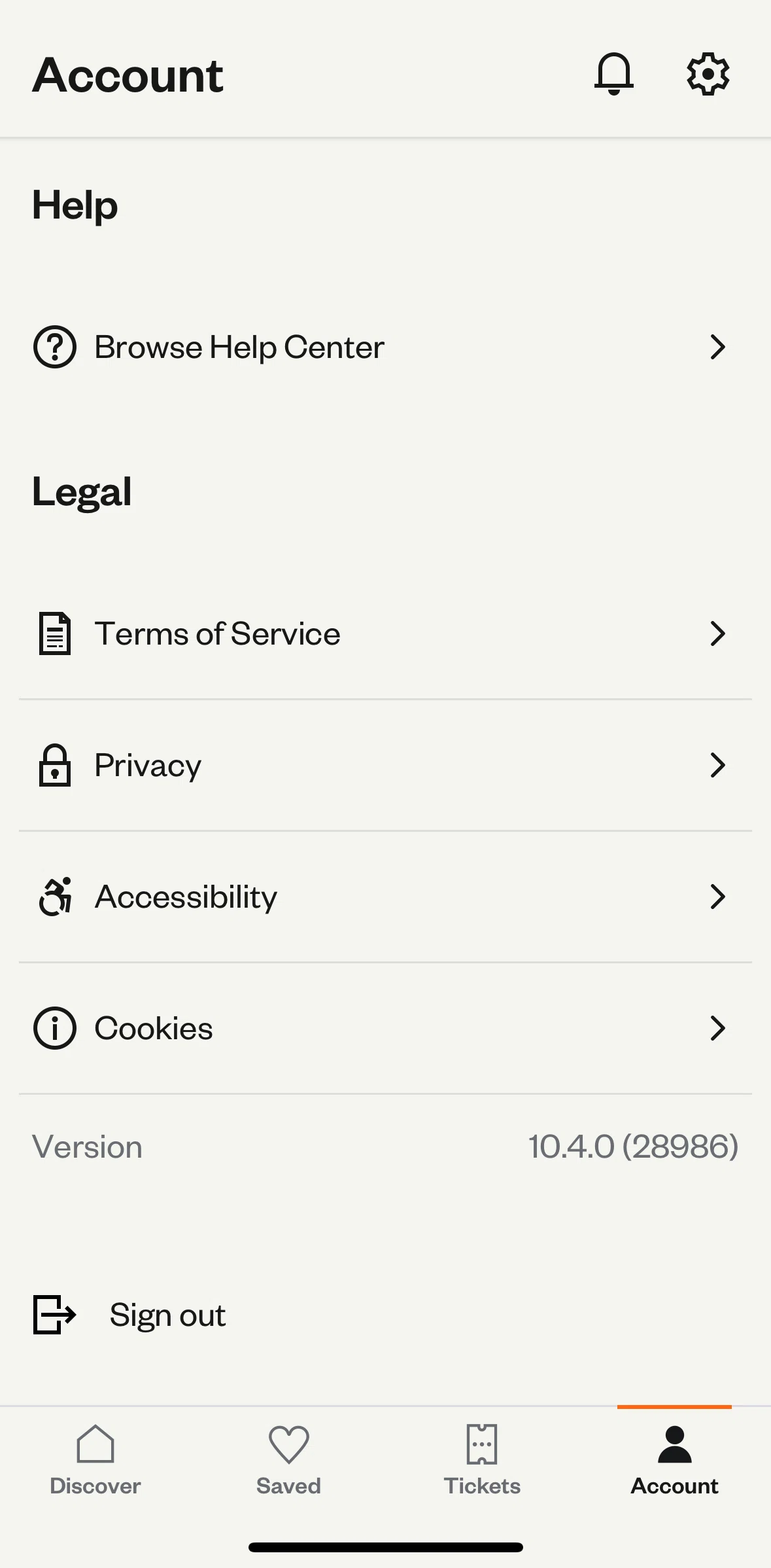 Eventbrite Screen screen in the Logging out flow