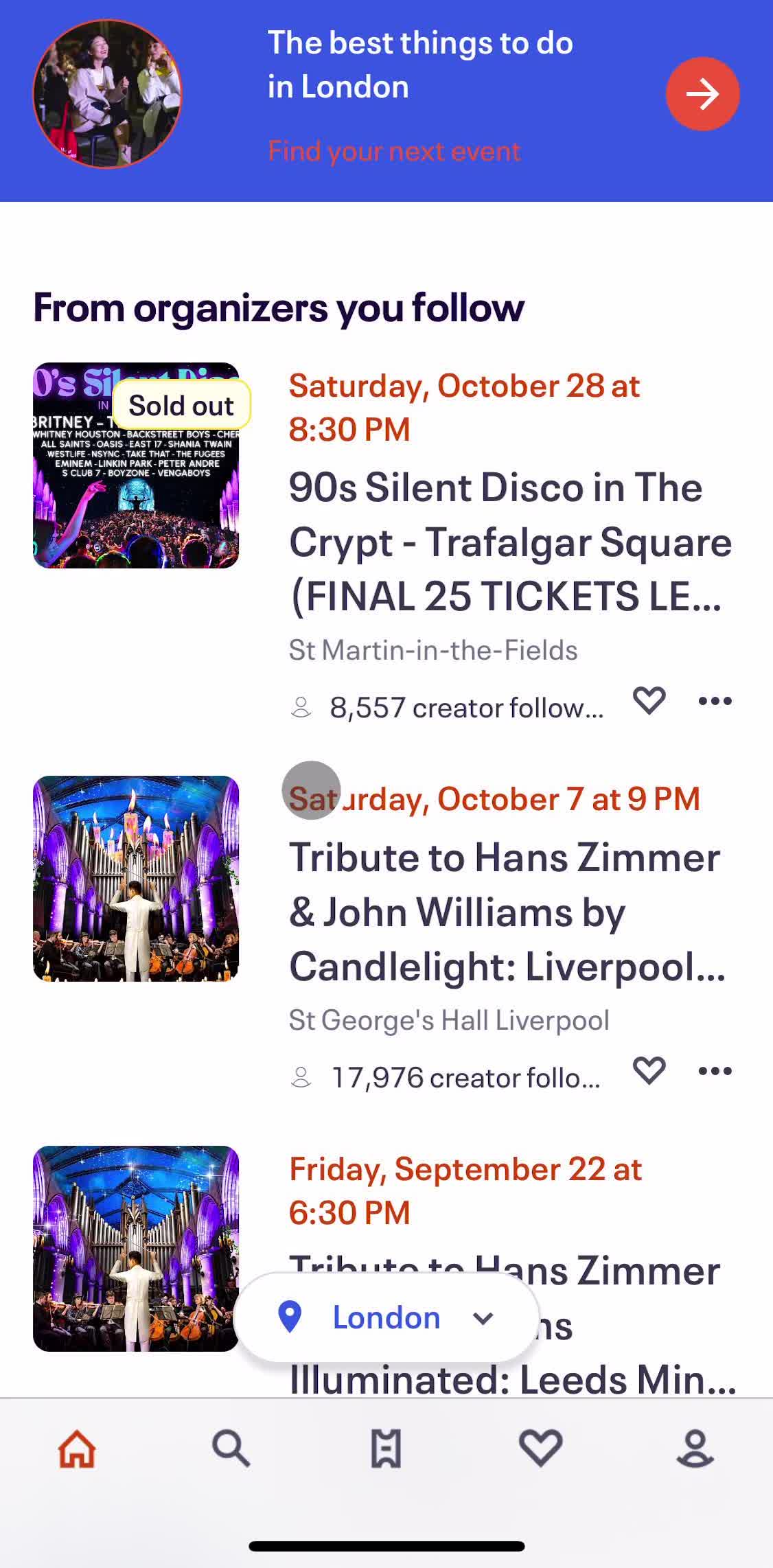 Eventbrite Home screen in the Searching flow