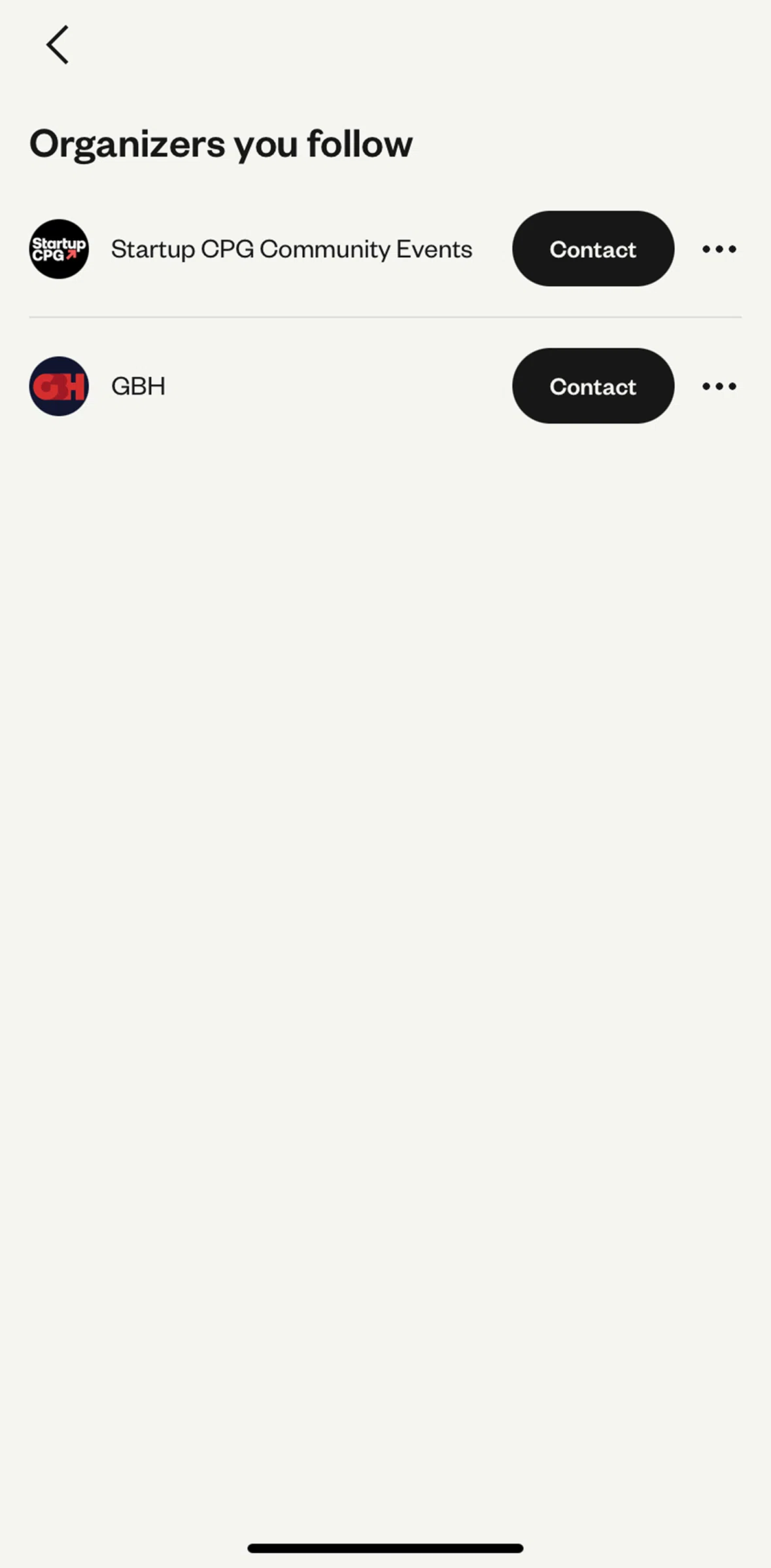 Eventbrite Screen screen in the Unfollowing an organizer flow
