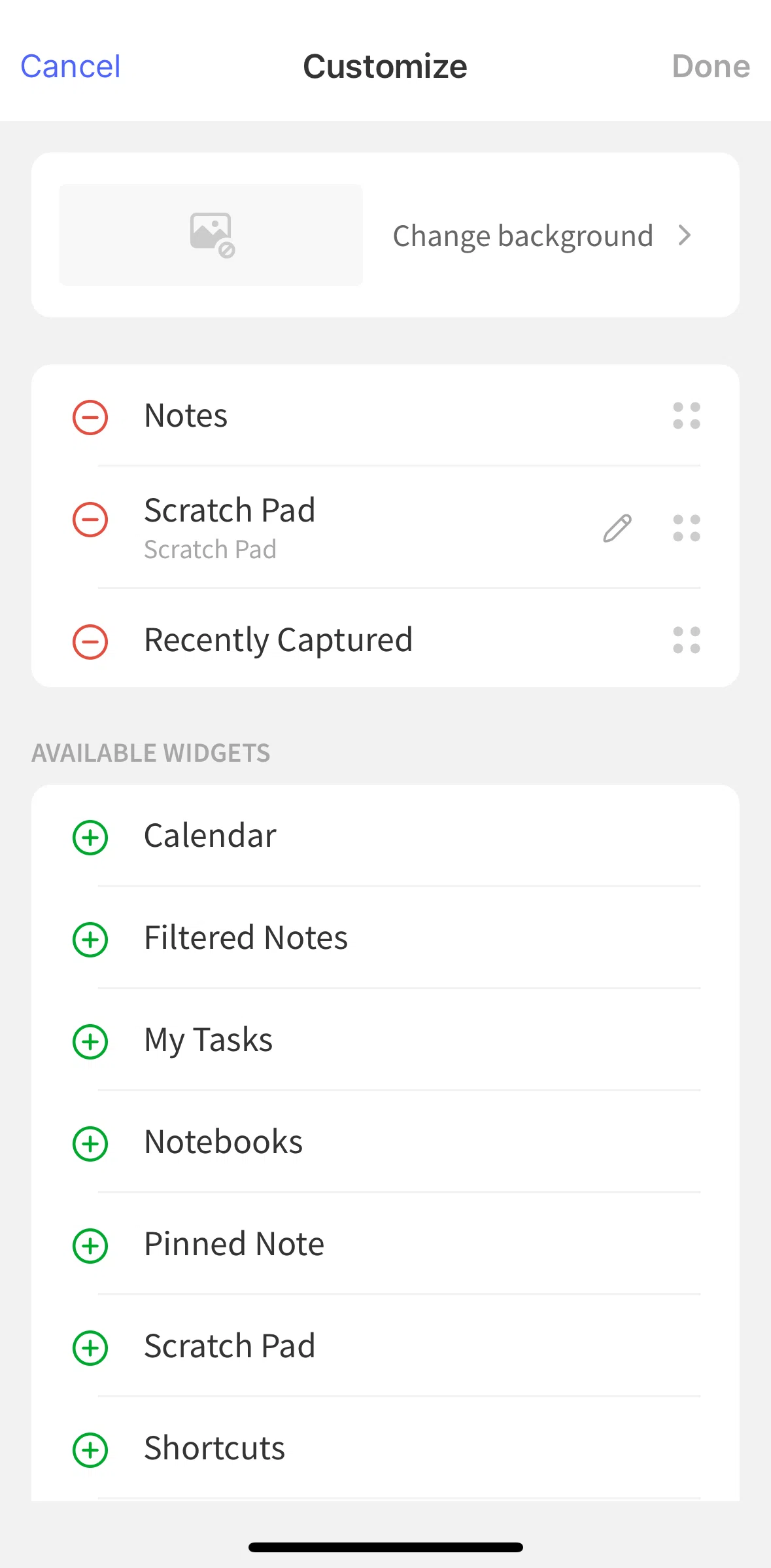 Evernote Screen screen in the Adding a widget flow