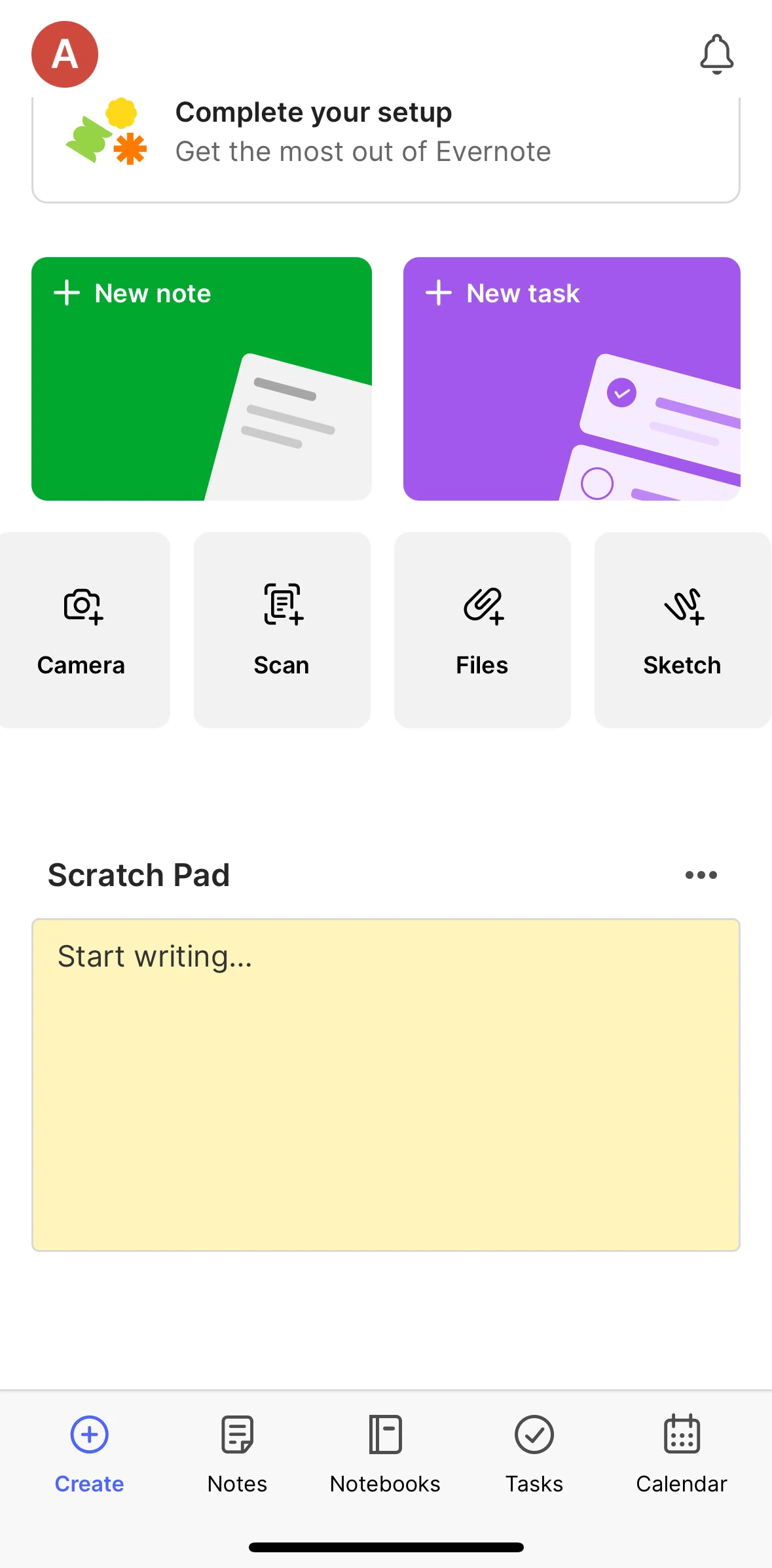 Evernote Screen screen in the Adding scratch pad flow