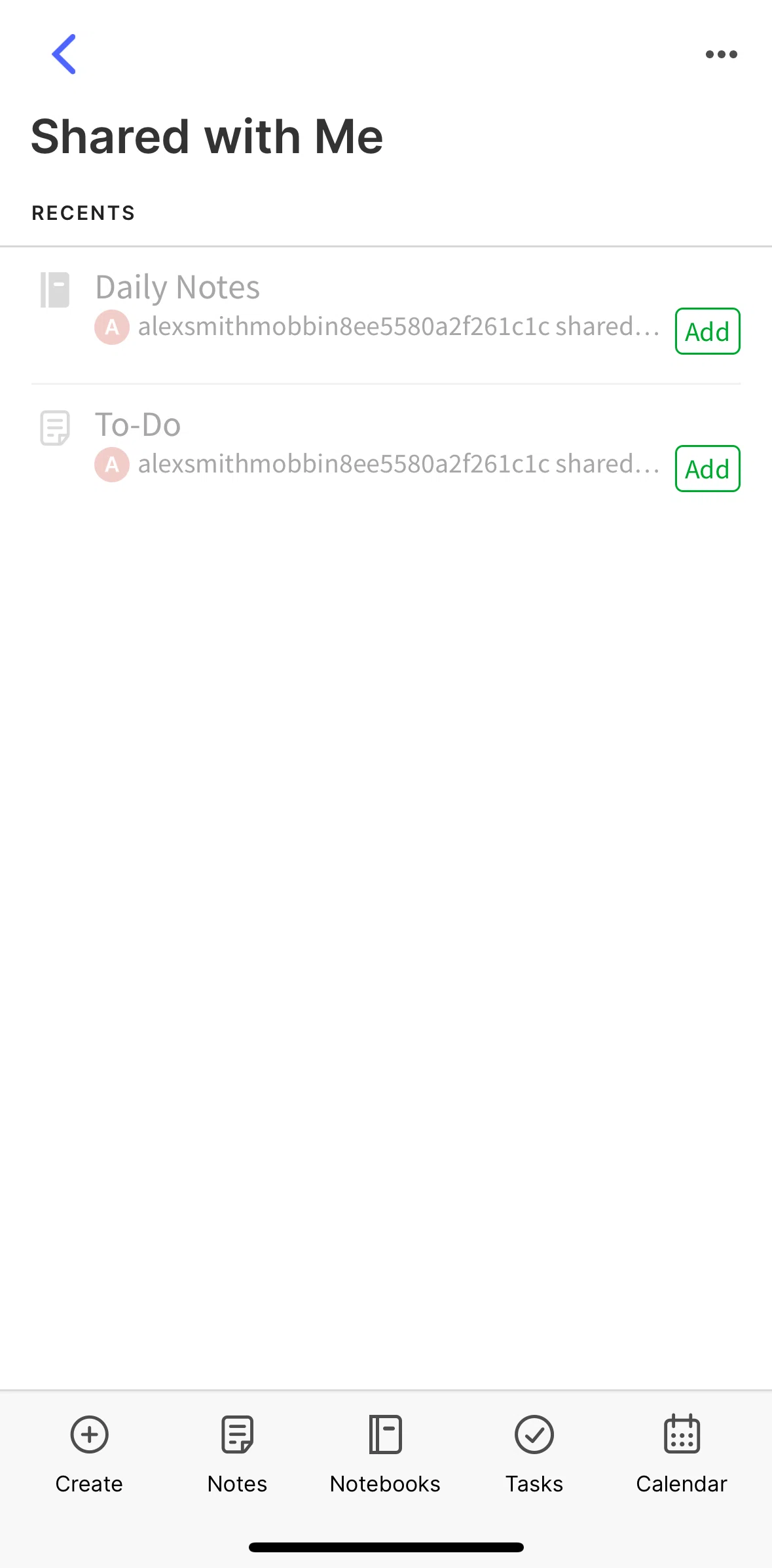 Evernote Screen screen in the Adding shared note flow