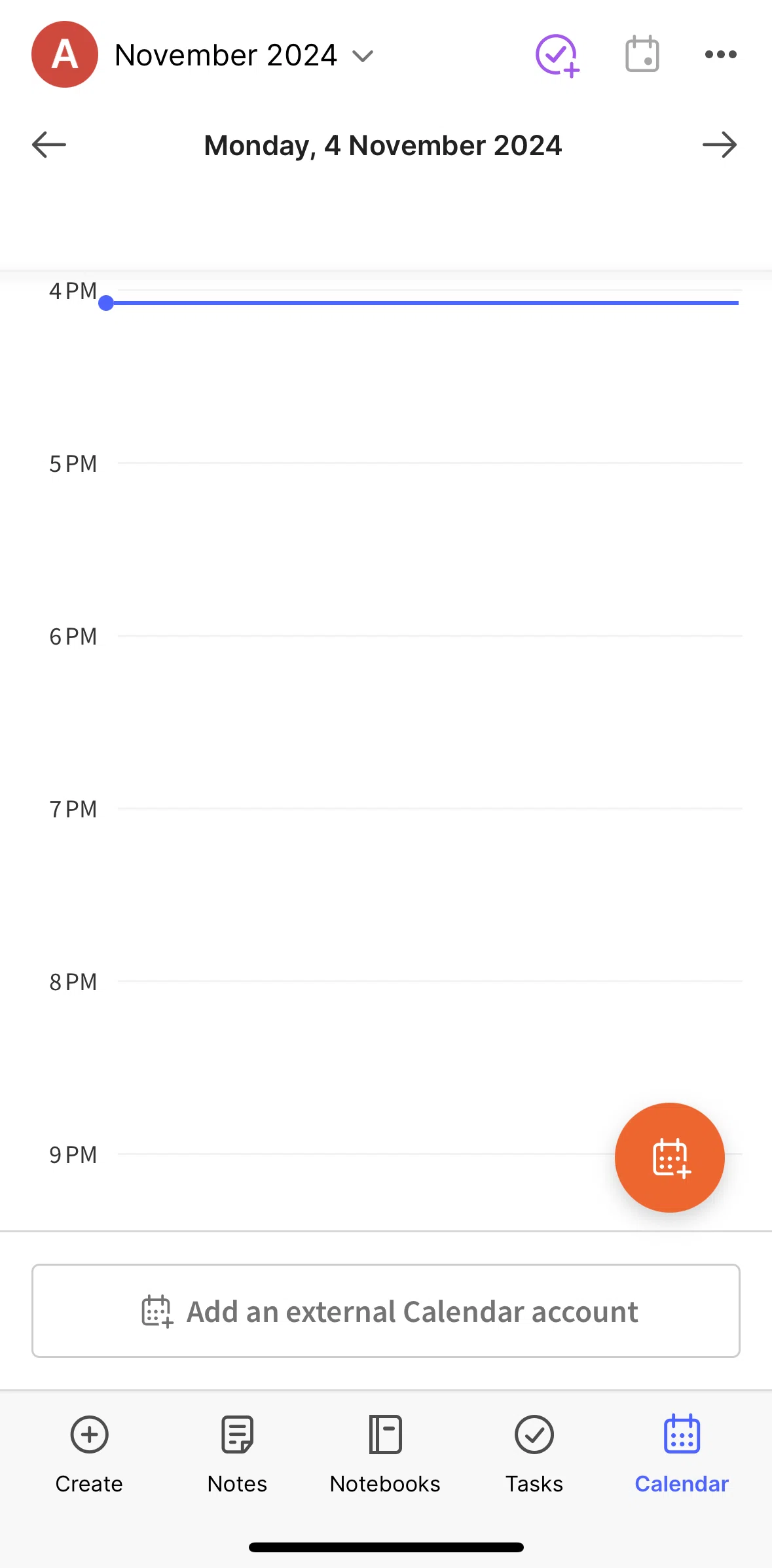 Evernote Screen screen in the Calendar options flow