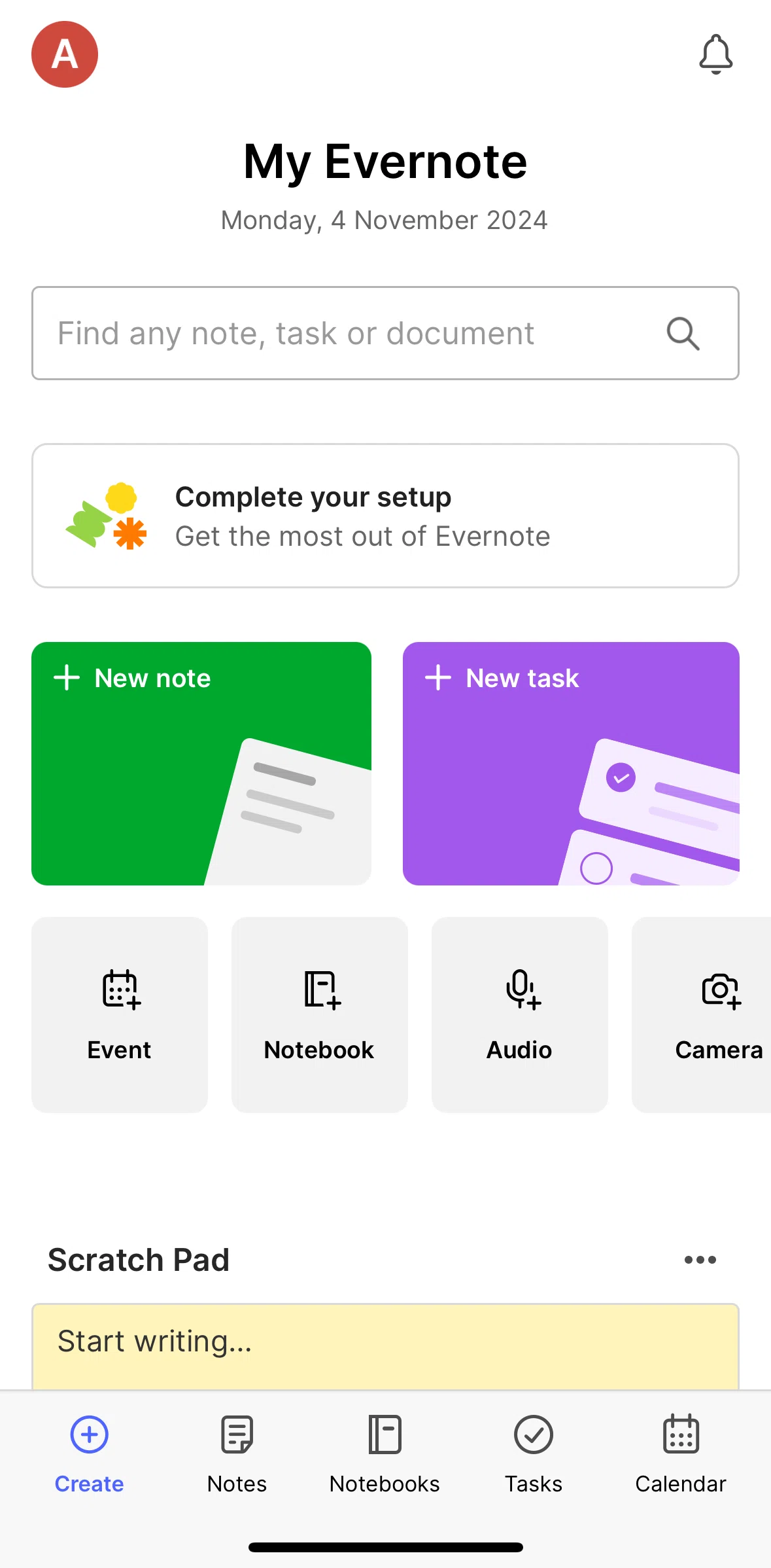 Evernote Screen screen in the Calendar flow