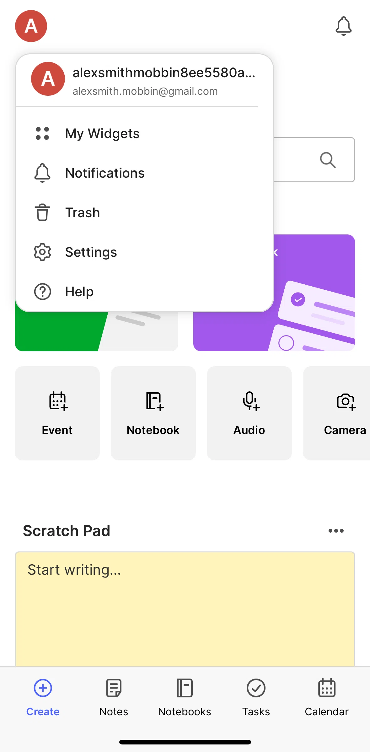 Evernote Screen screen in the My widgets flow