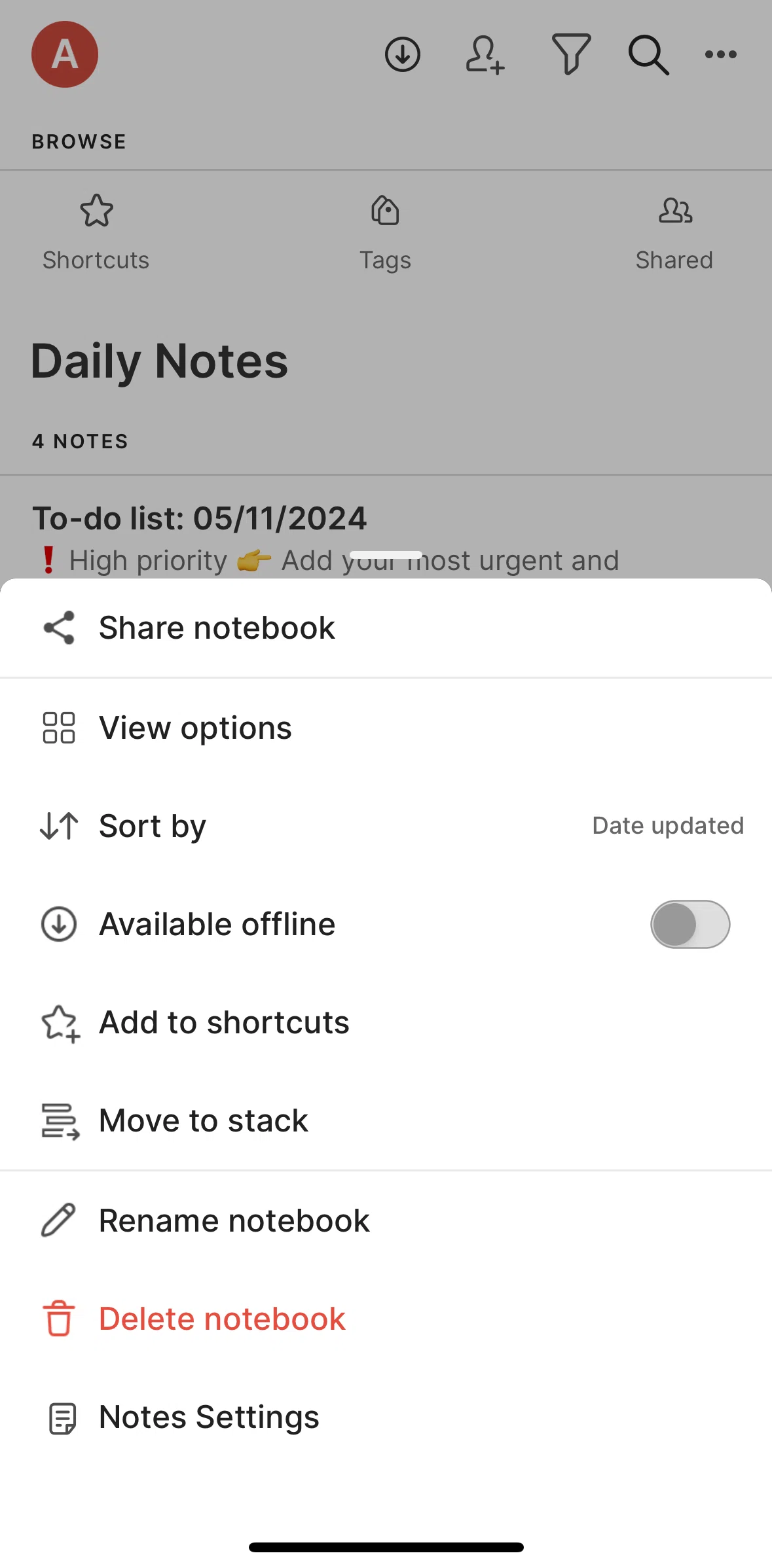 Evernote Screen screen in the Renaming a notebook flow
