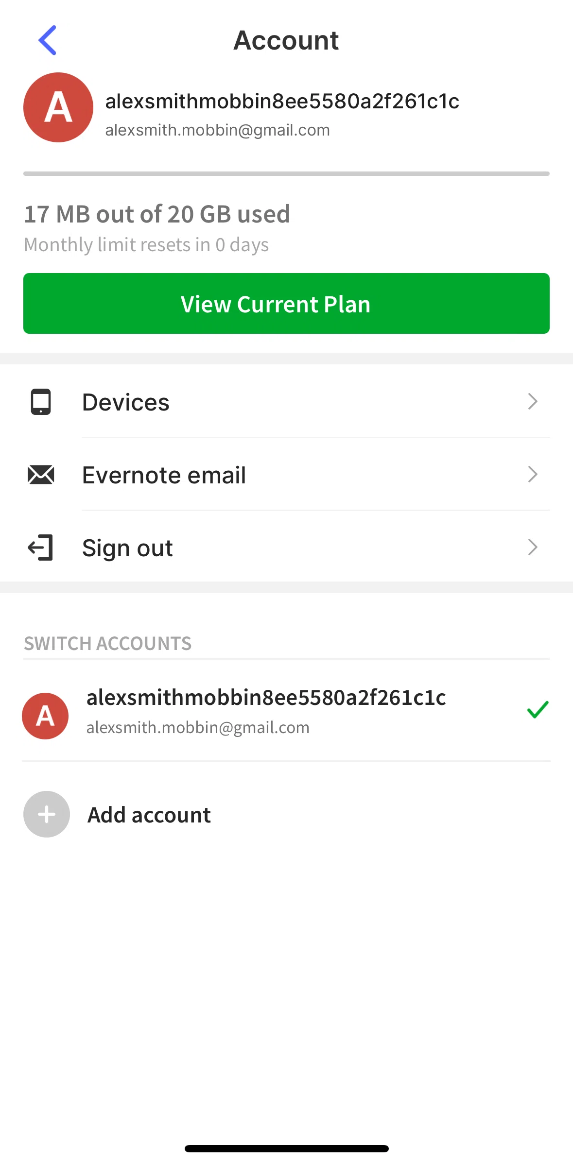 Evernote Screen screen in the View current plan flow