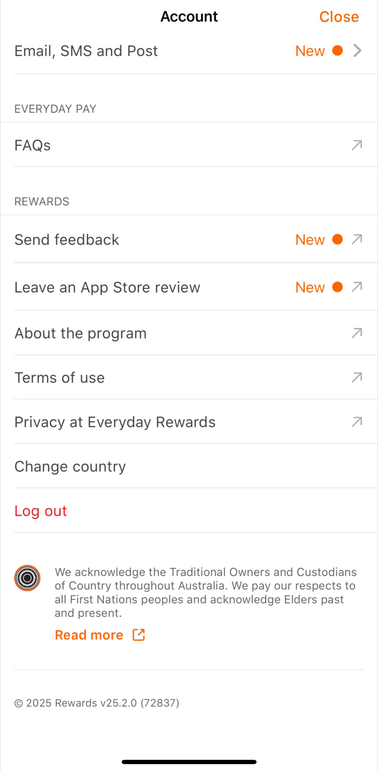 Everyday Rewards Screen screen in the Logging out flow