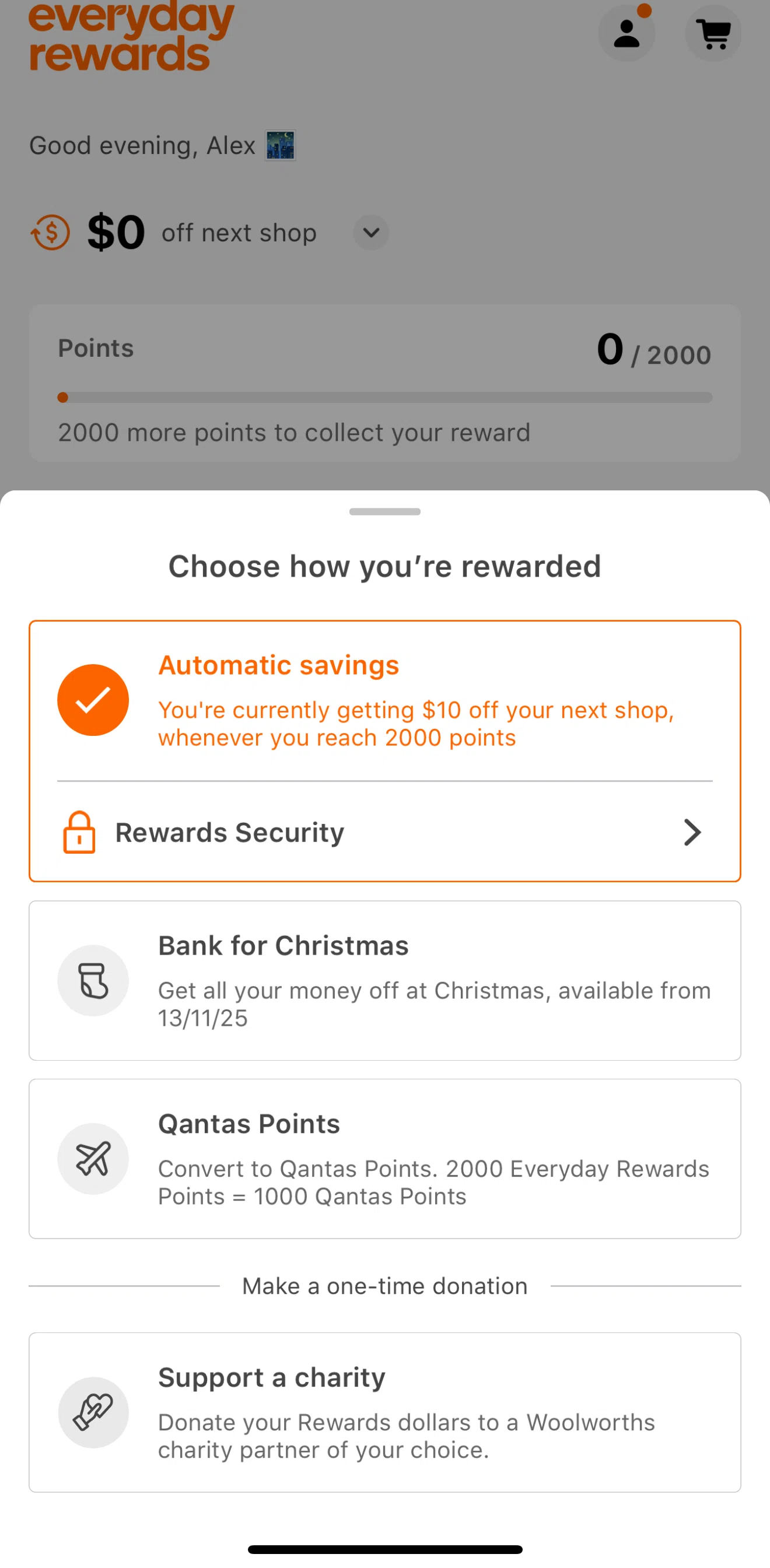 Everyday Rewards Screen screen in the Support a charity flow