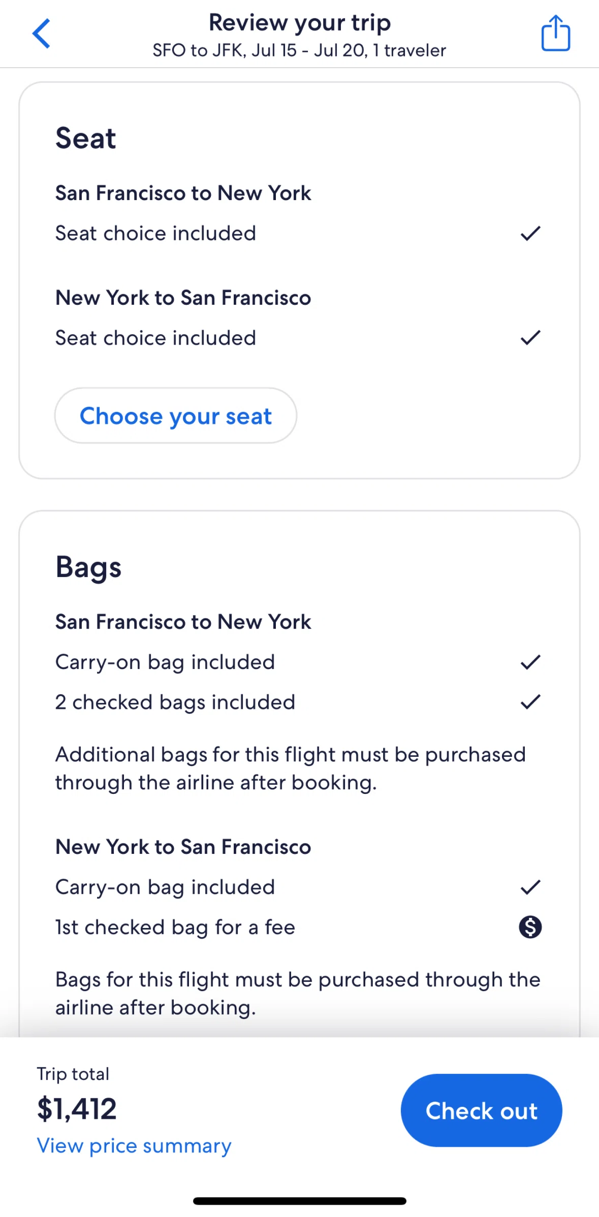 Expedia Screen screen in the Choosing seats flow