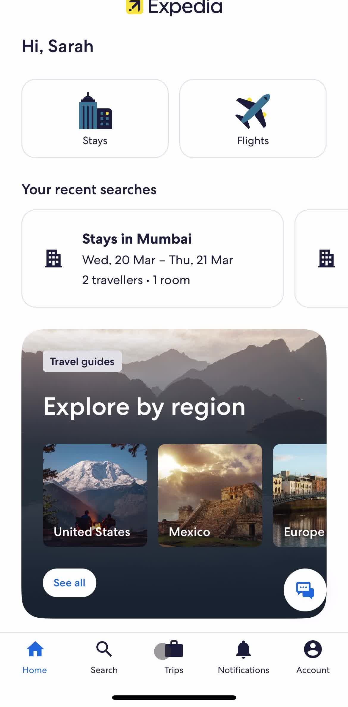 Expedia Home screen in the Creating Trips flow