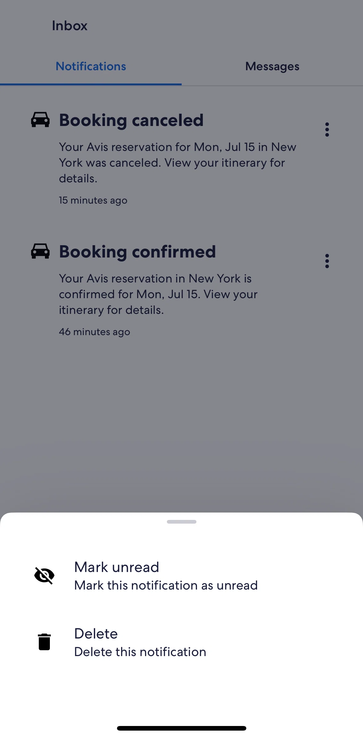 Expedia Screen screen in the Deleting a notification flow