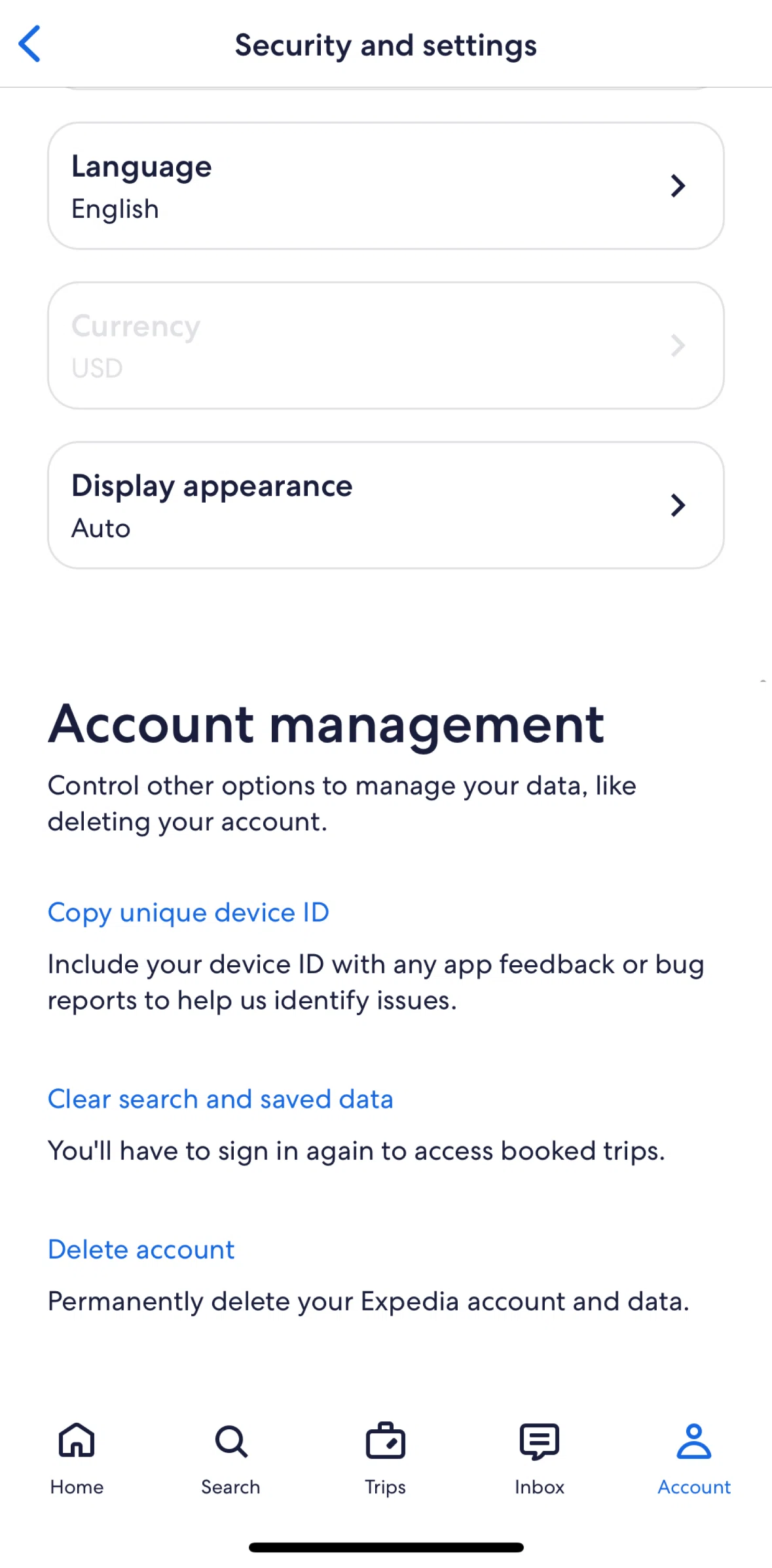 Expedia Screen screen in the Deleting account flow