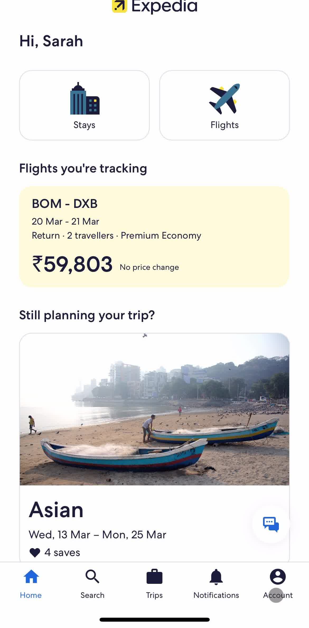 Expedia Home screen in the Deleting Your Account flow