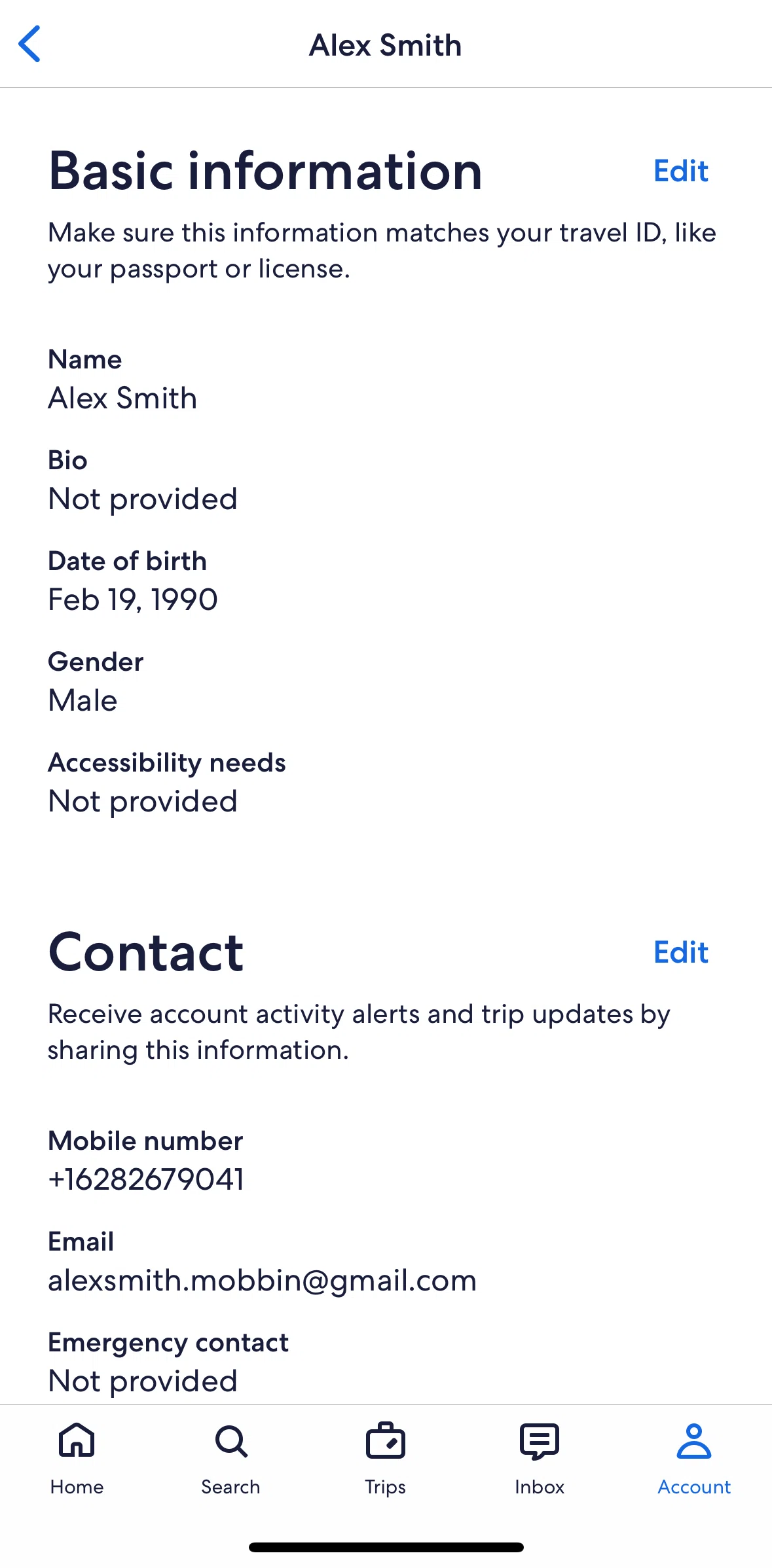 Expedia Screen screen in the Editing basic information flow