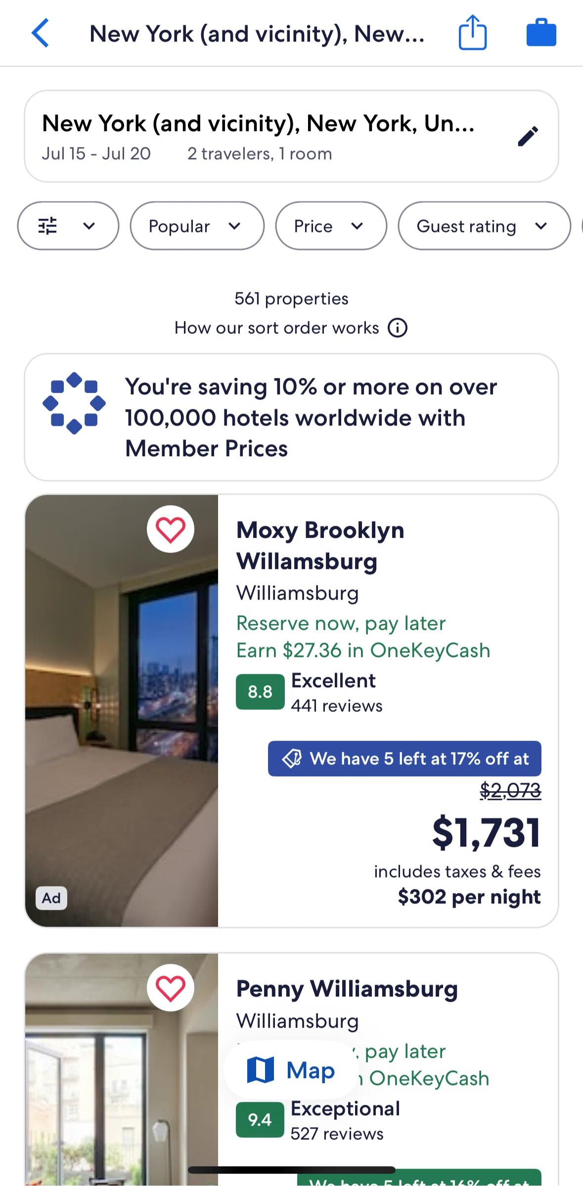 Expedia Screen screen in the Filtering and sorting hotel search flow