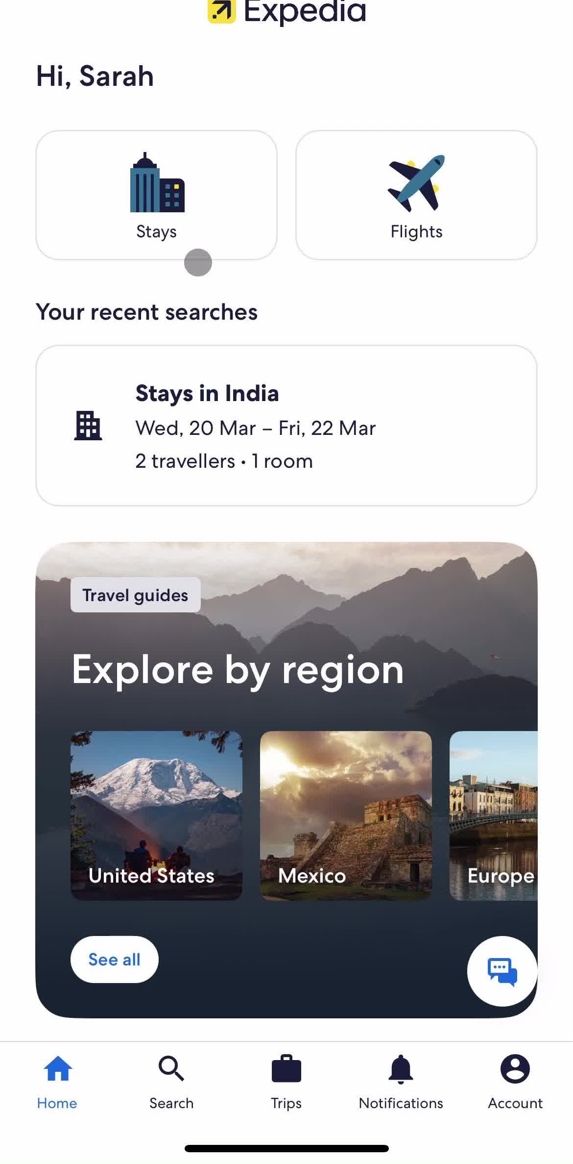 Expedia Home screen in the Filtering And Sorting flow