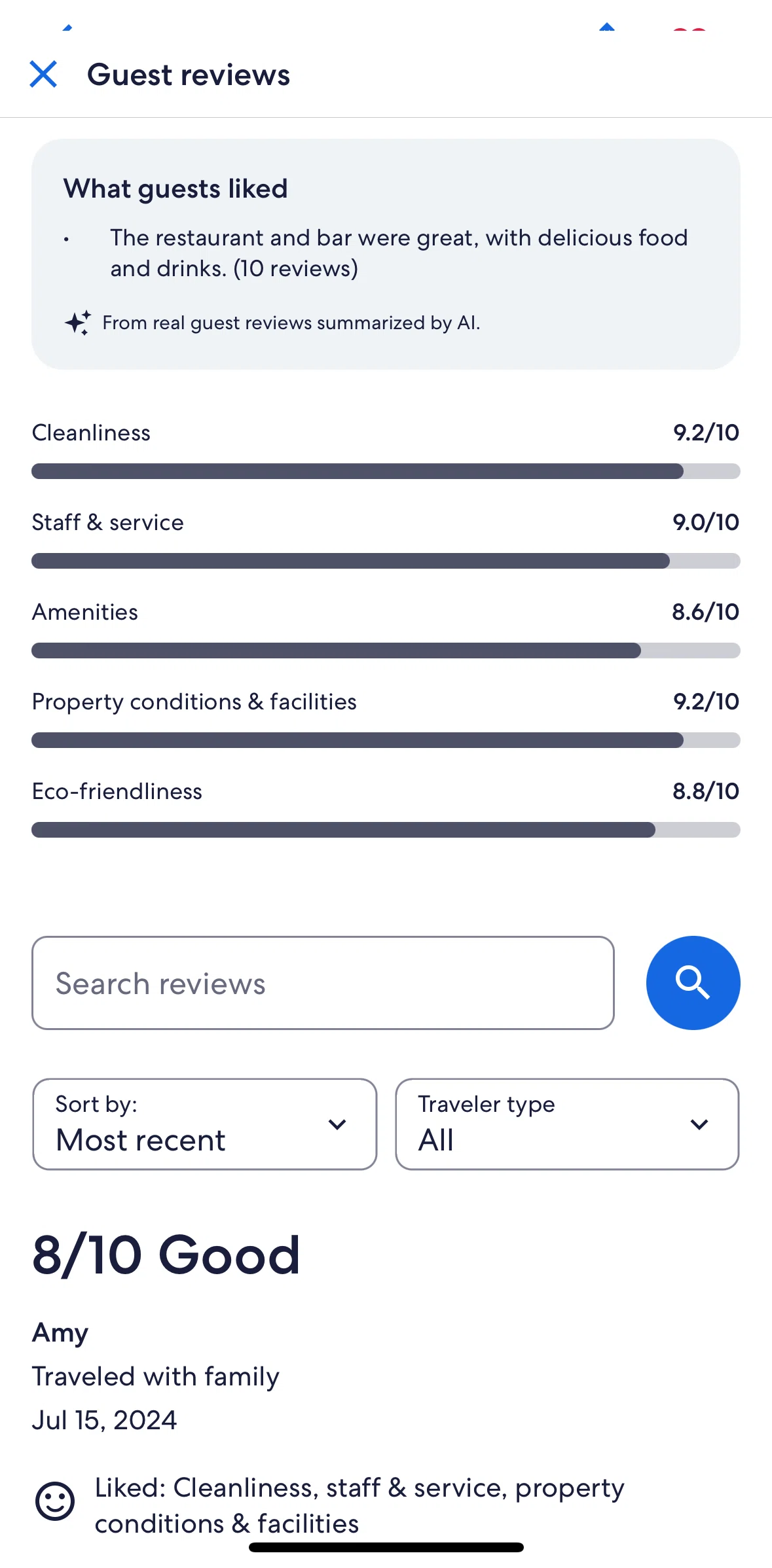 Expedia Screen screen in the Filtering reviews flow