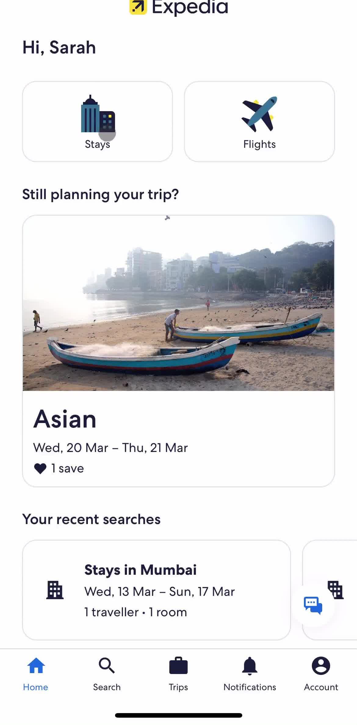 Expedia Home screen in the General Browsing flow