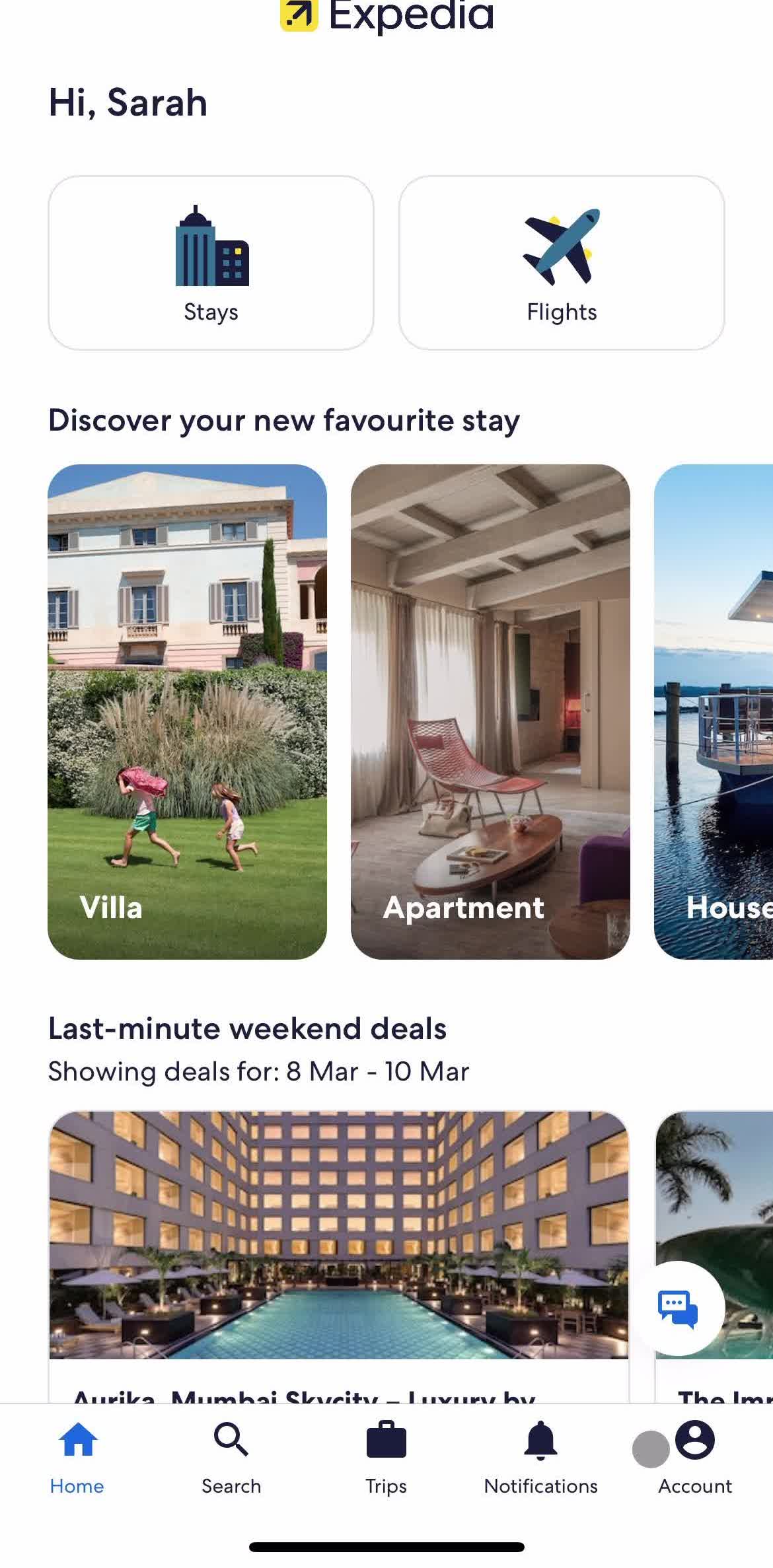 Expedia Home screen in the Giving Feedback flow