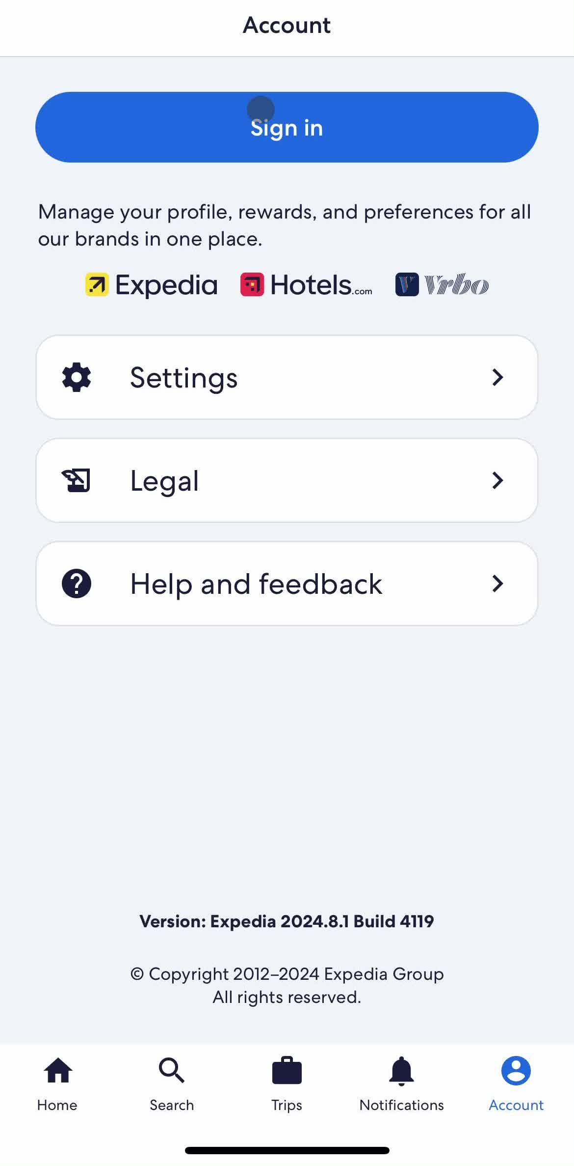 Expedia Account screen in the Logging In flow
