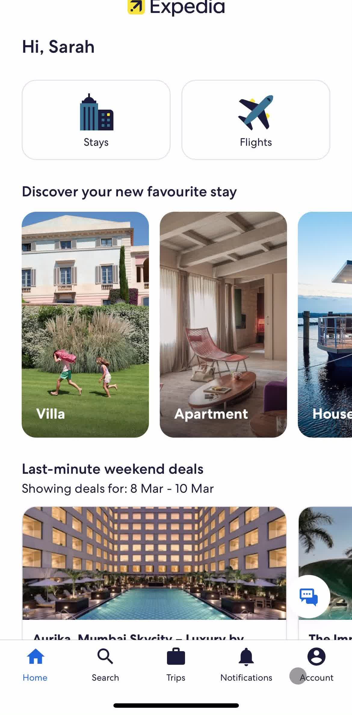 Expedia Home screen in the Logging Out flow