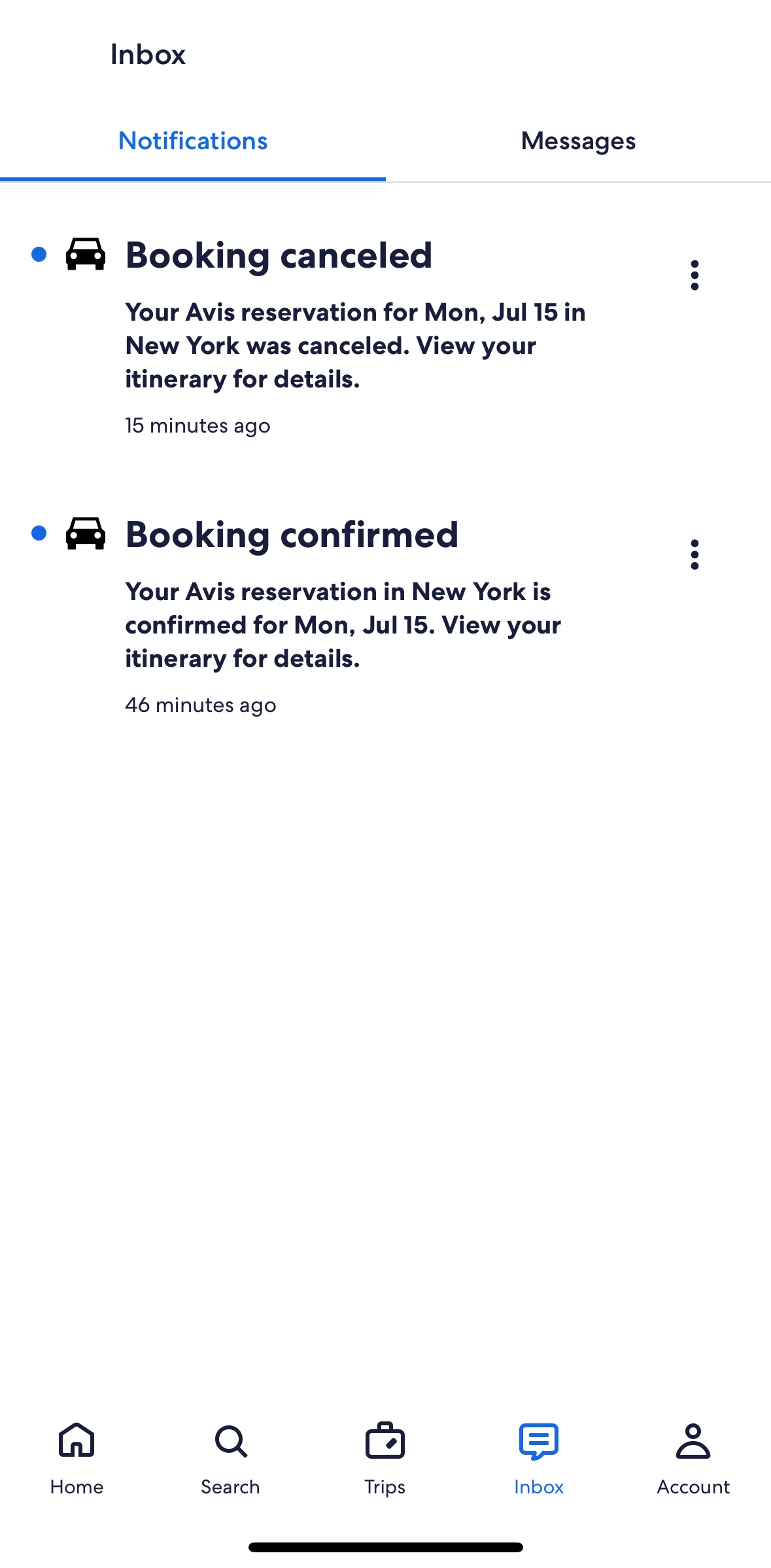 Expedia Screen screen in the Marking a notification as read flow