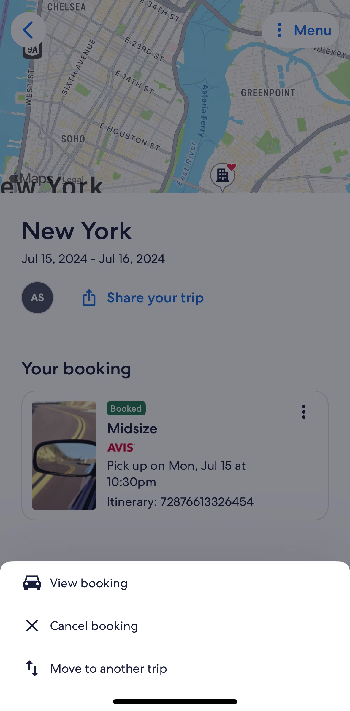 Expedia Screen screen in the Move a booking to another trip flow