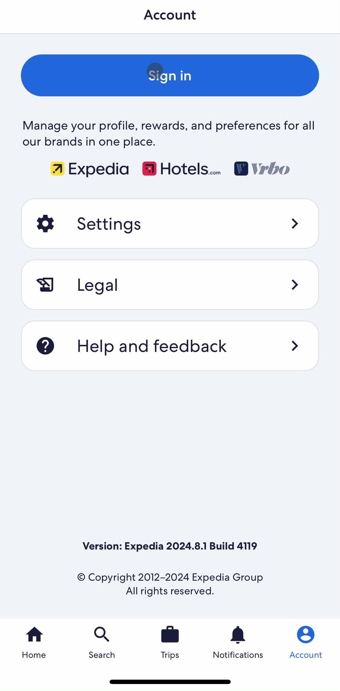 Expedia Account screen in the Resetting Password flow