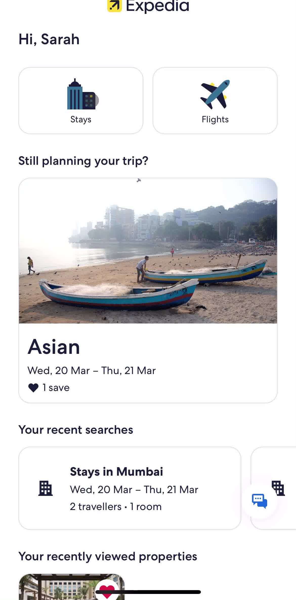 Expedia Home screen in the Searching flow