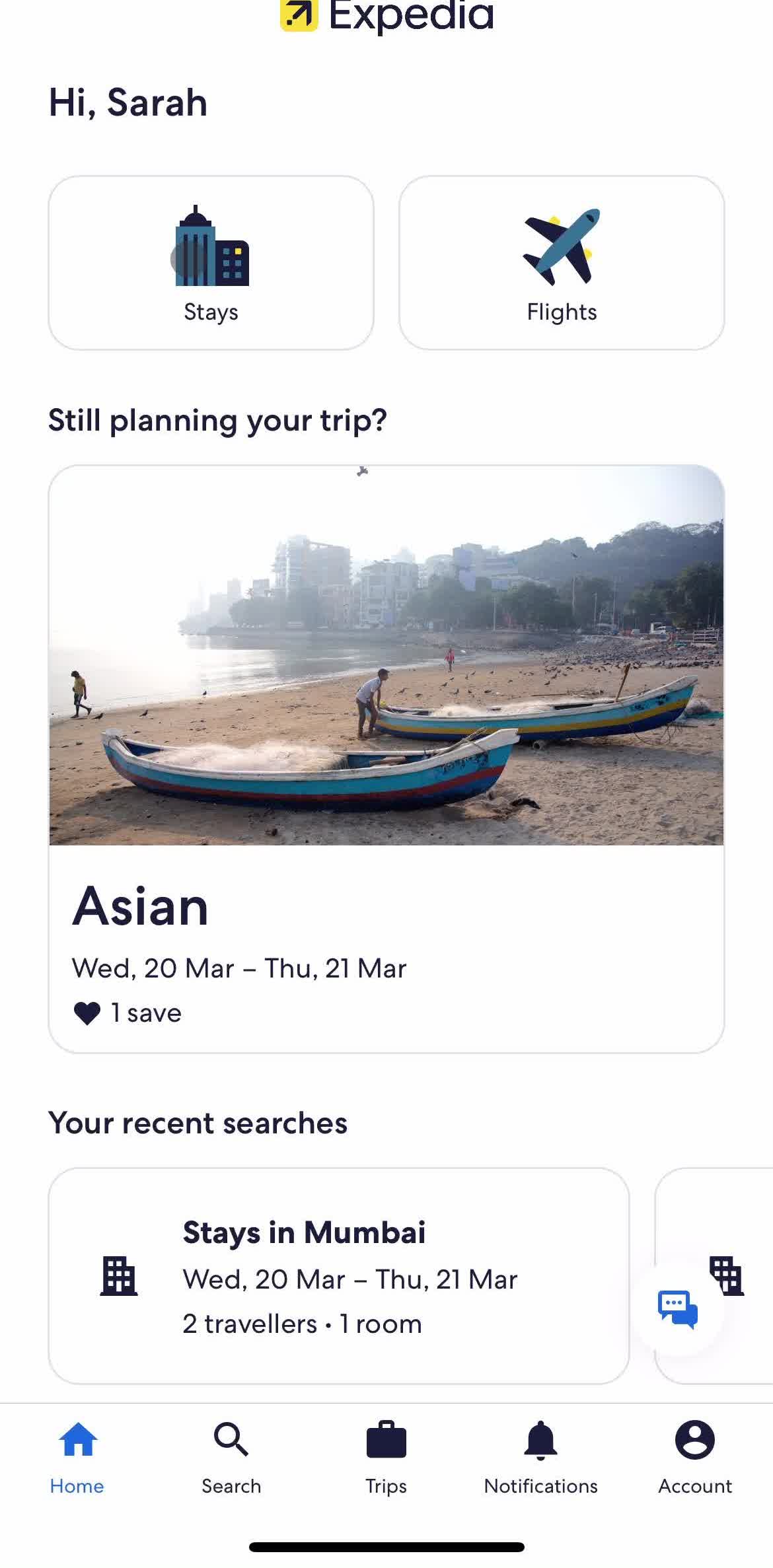 Expedia Home screen in the Sharing flow