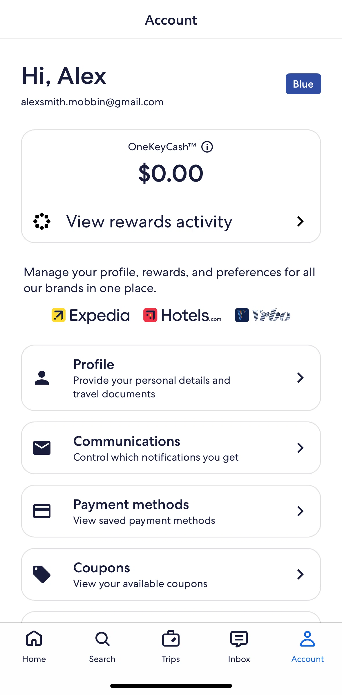 Expedia Screen screen in the View rewards activity flow
