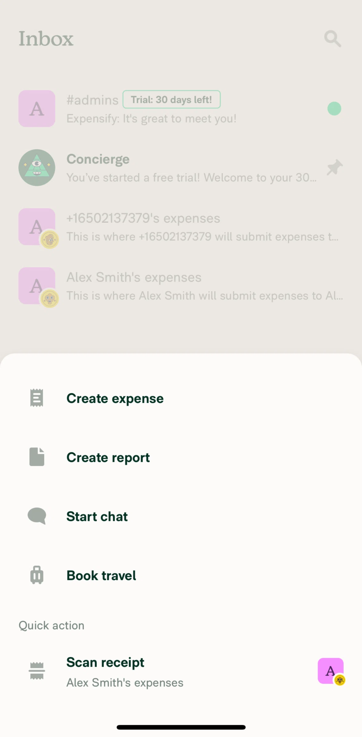 Expensify Screen screen in the Creating a report flow