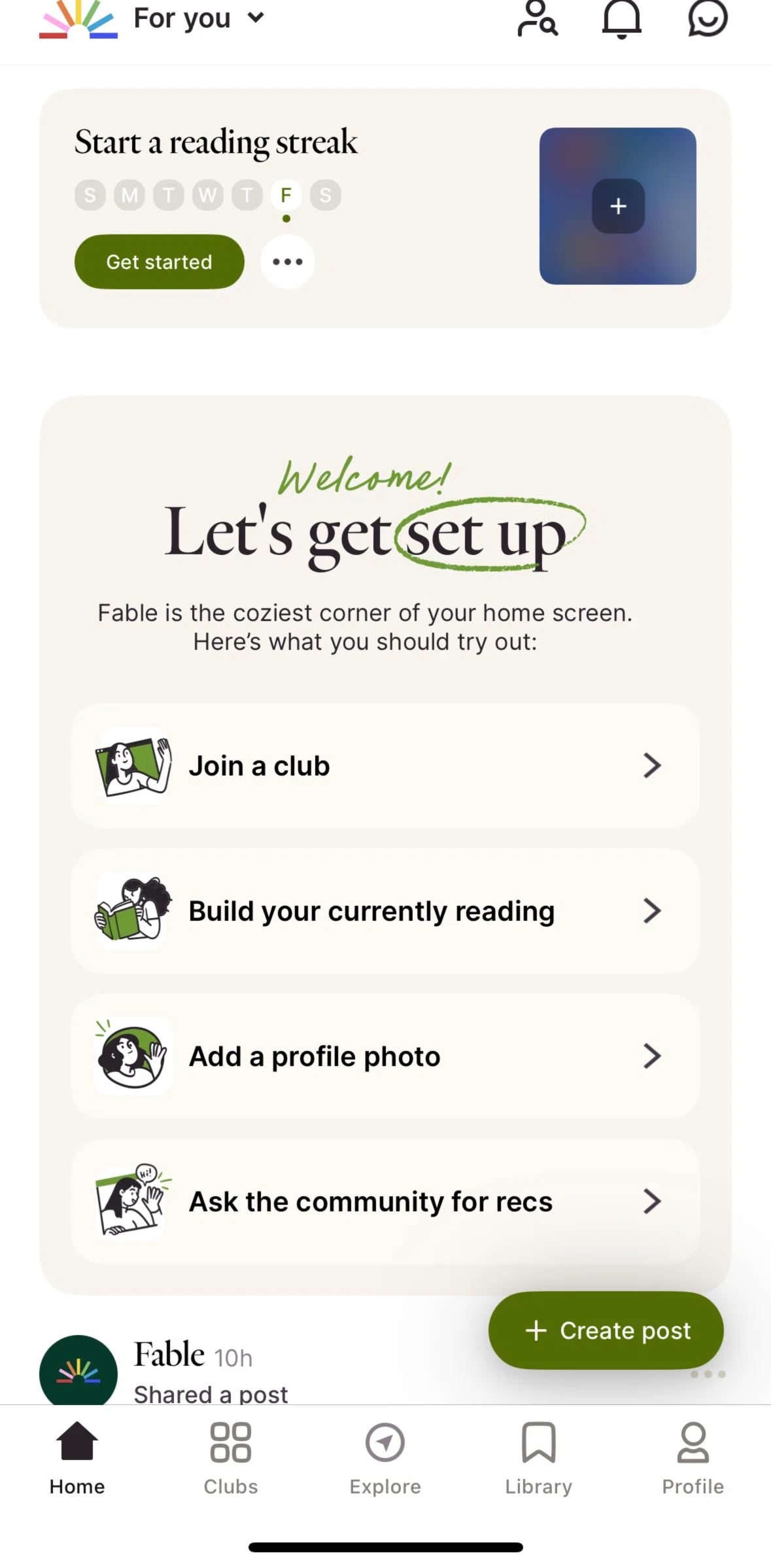 Fable Screen screen in the Home flow