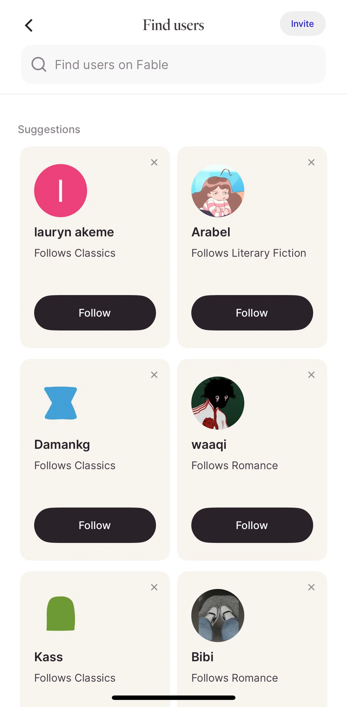 Fable Screen screen in the Inviting a booklover flow