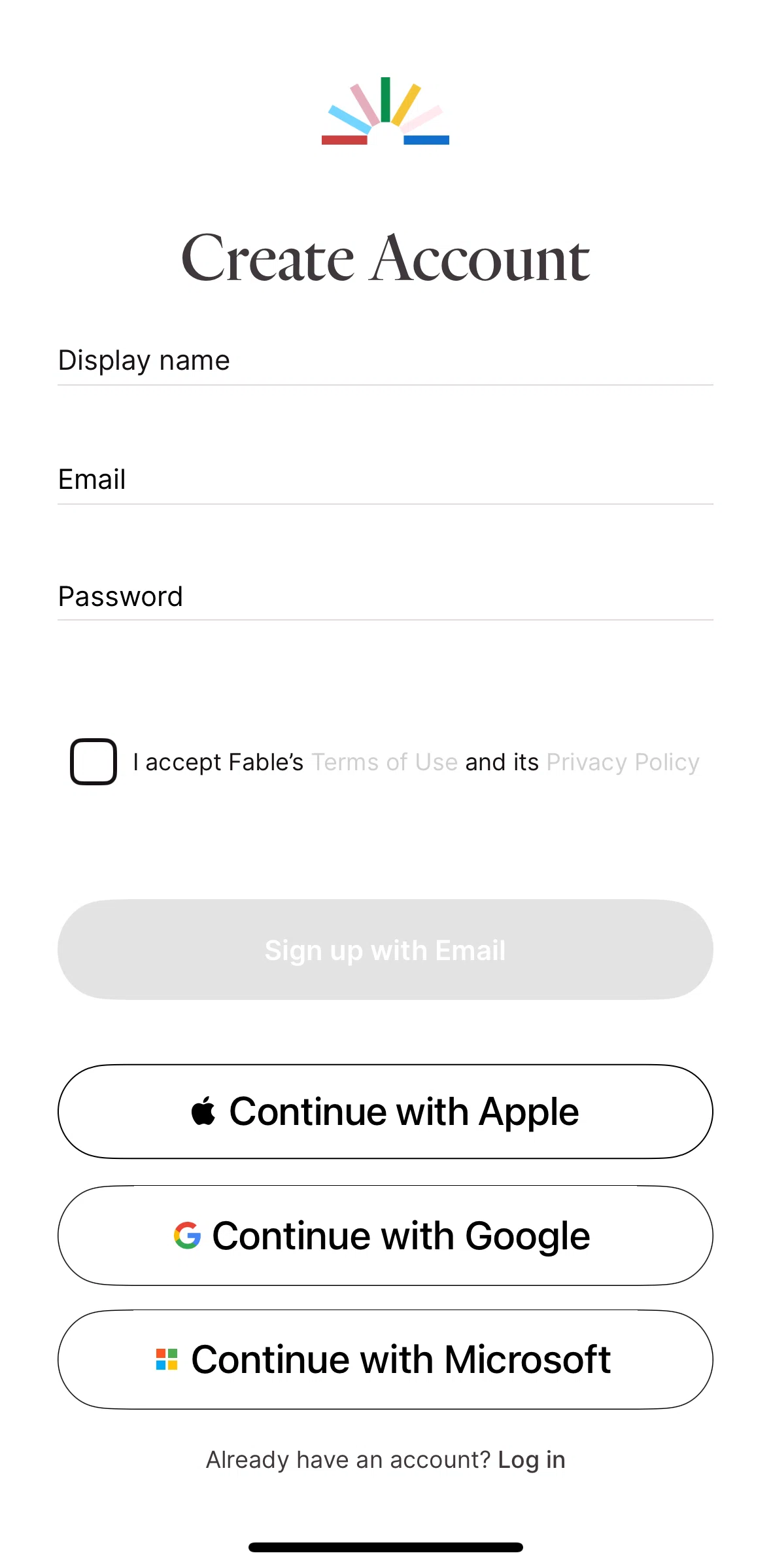 Fable Screen screen in the Logging in flow
