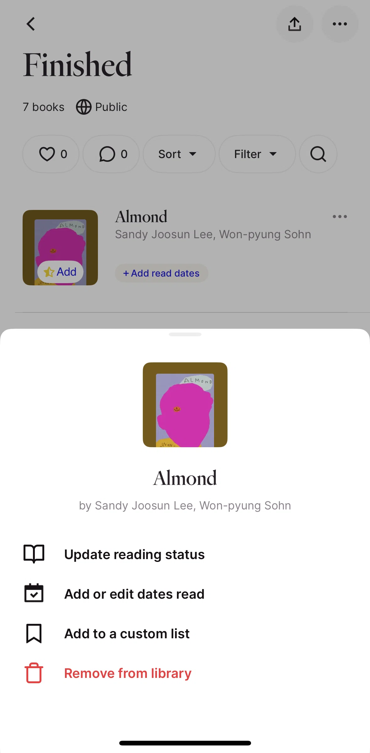 Fable Screen screen in the Removing a book from list flow