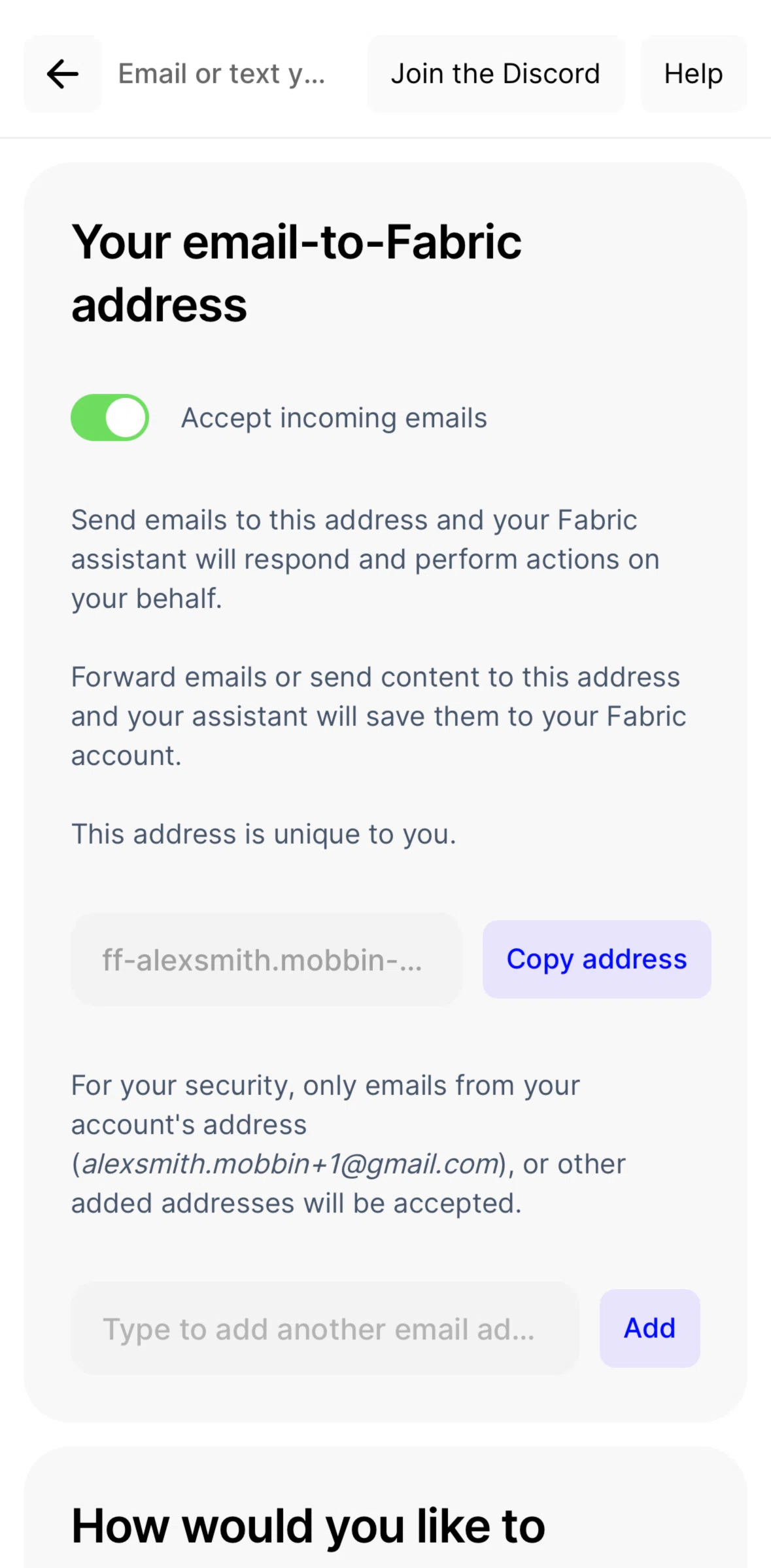 Fabric Screen screen in the Adding an additional email flow